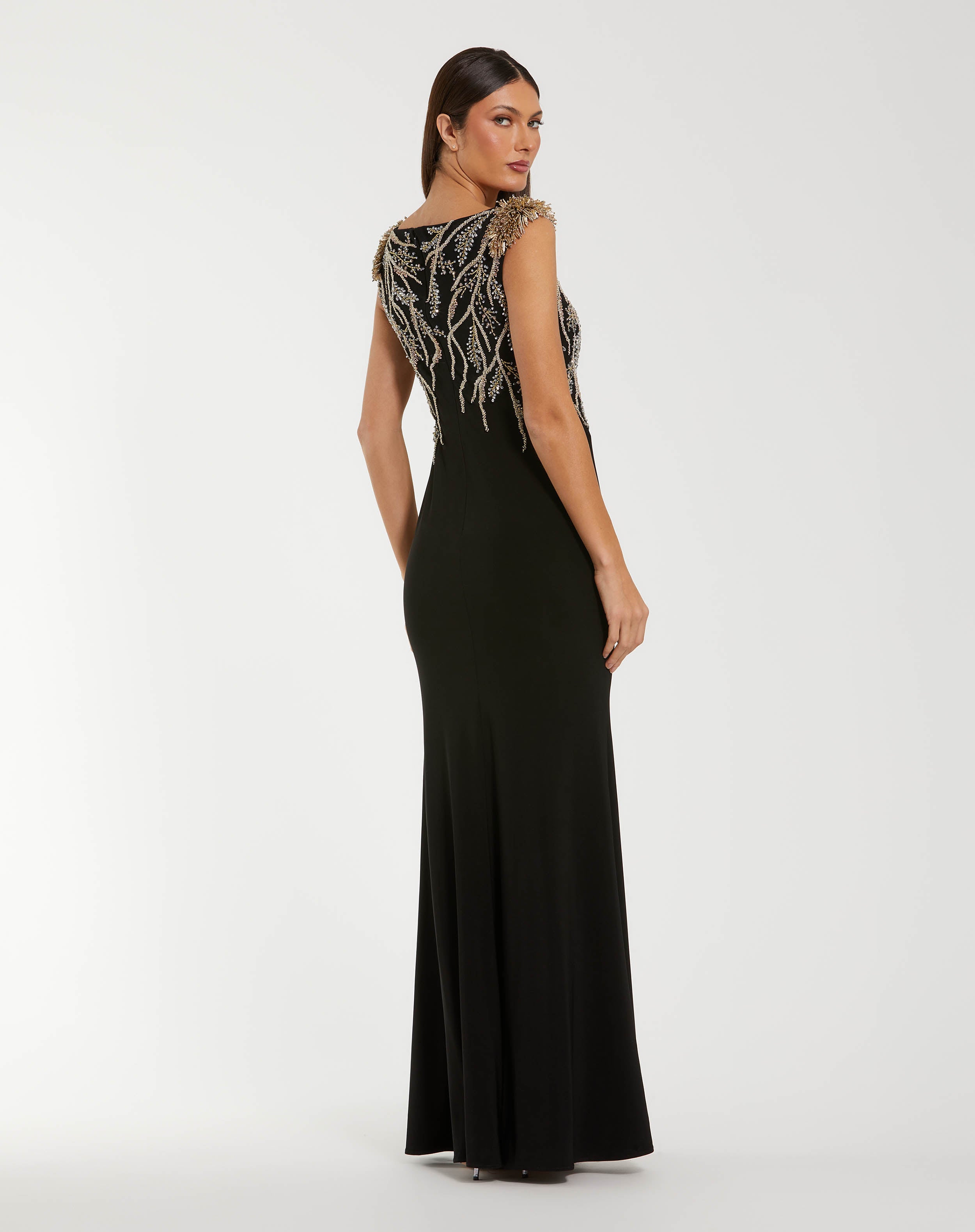 Black Hand Beaded Cap Sleeve Jersey Gown - Mac Duggal