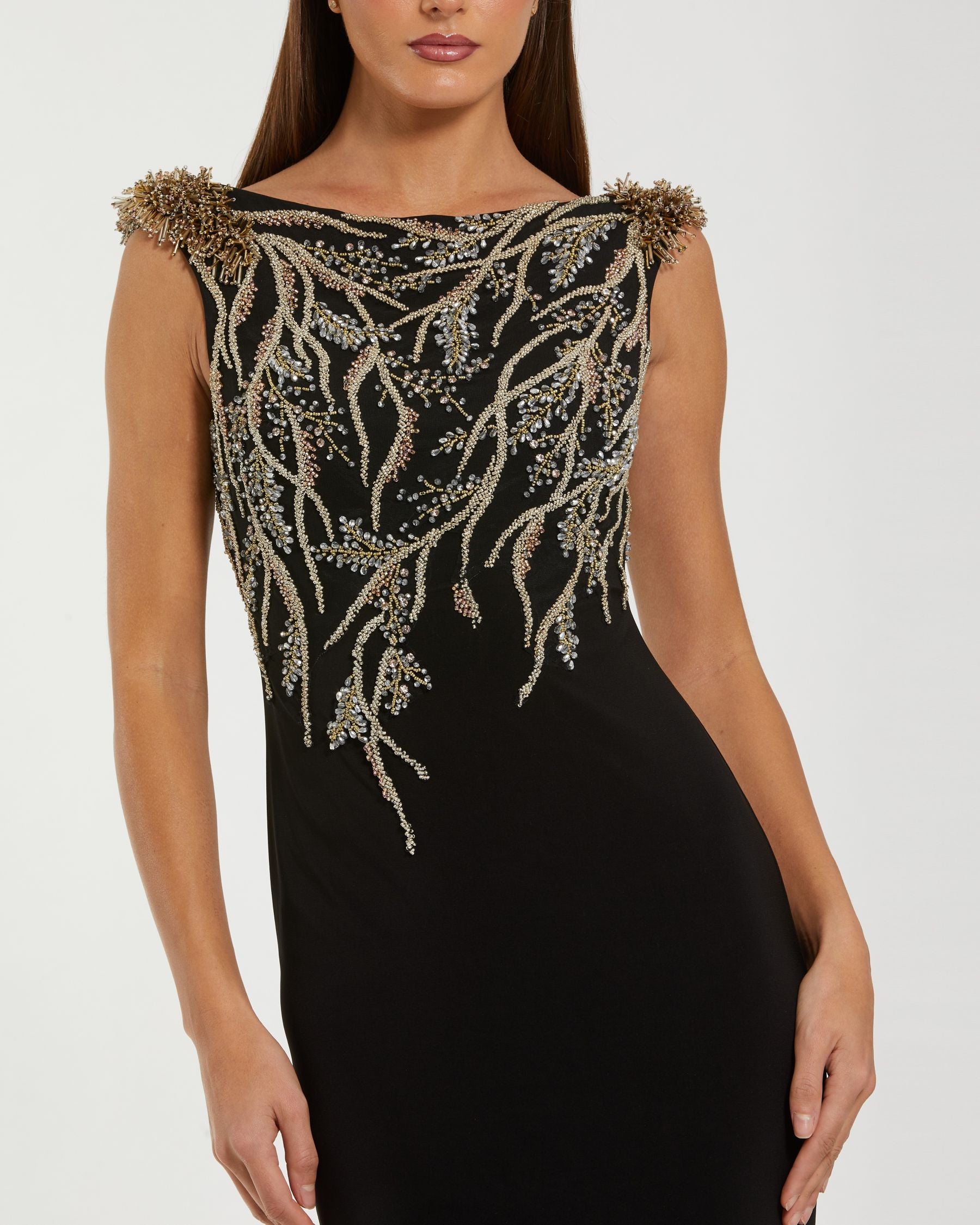 Black Hand Beaded Cap Sleeve Jersey Gown - Mac Duggal