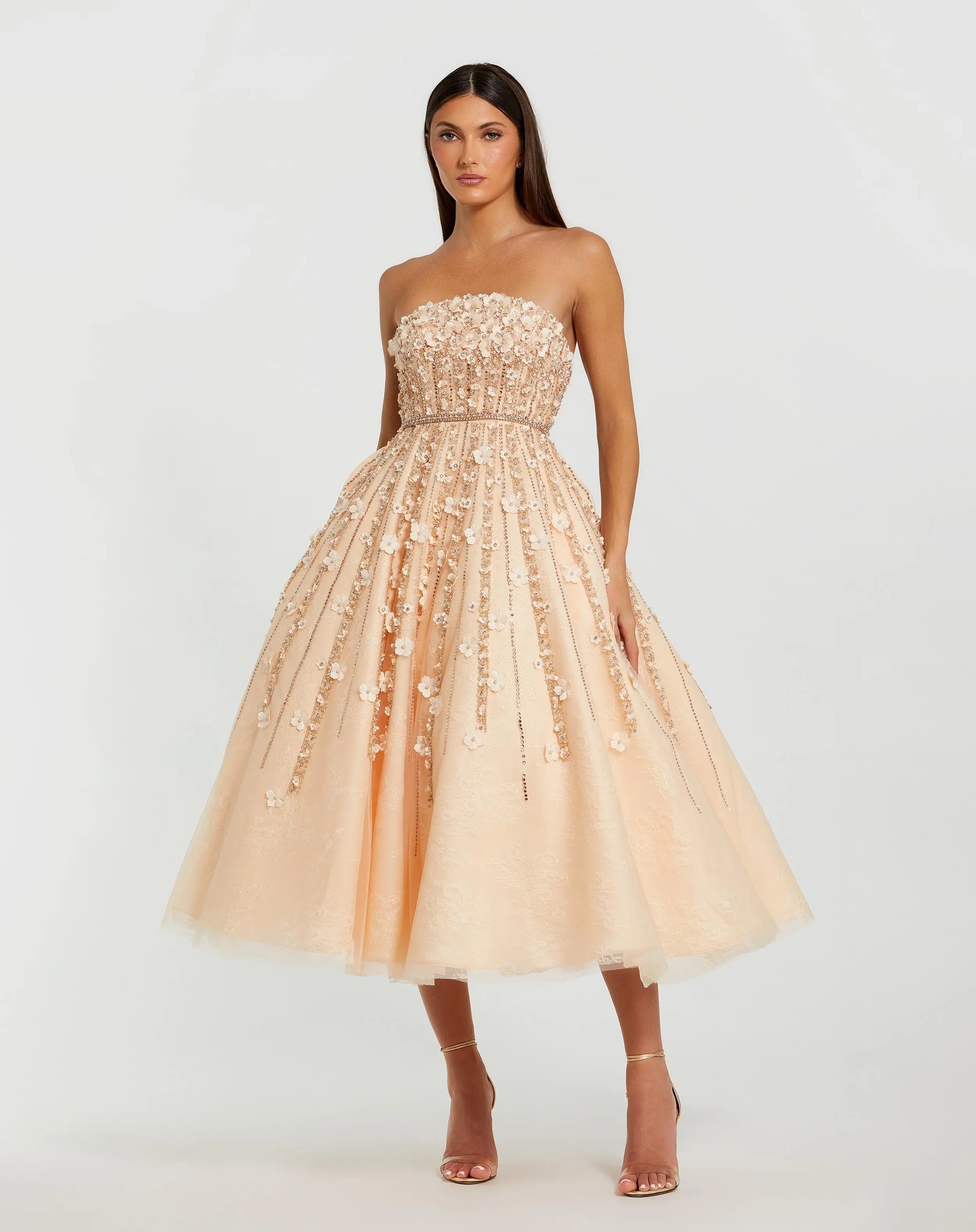 Pink Embellished Lace Strapless Midi A Line Dress - Mac Duggal