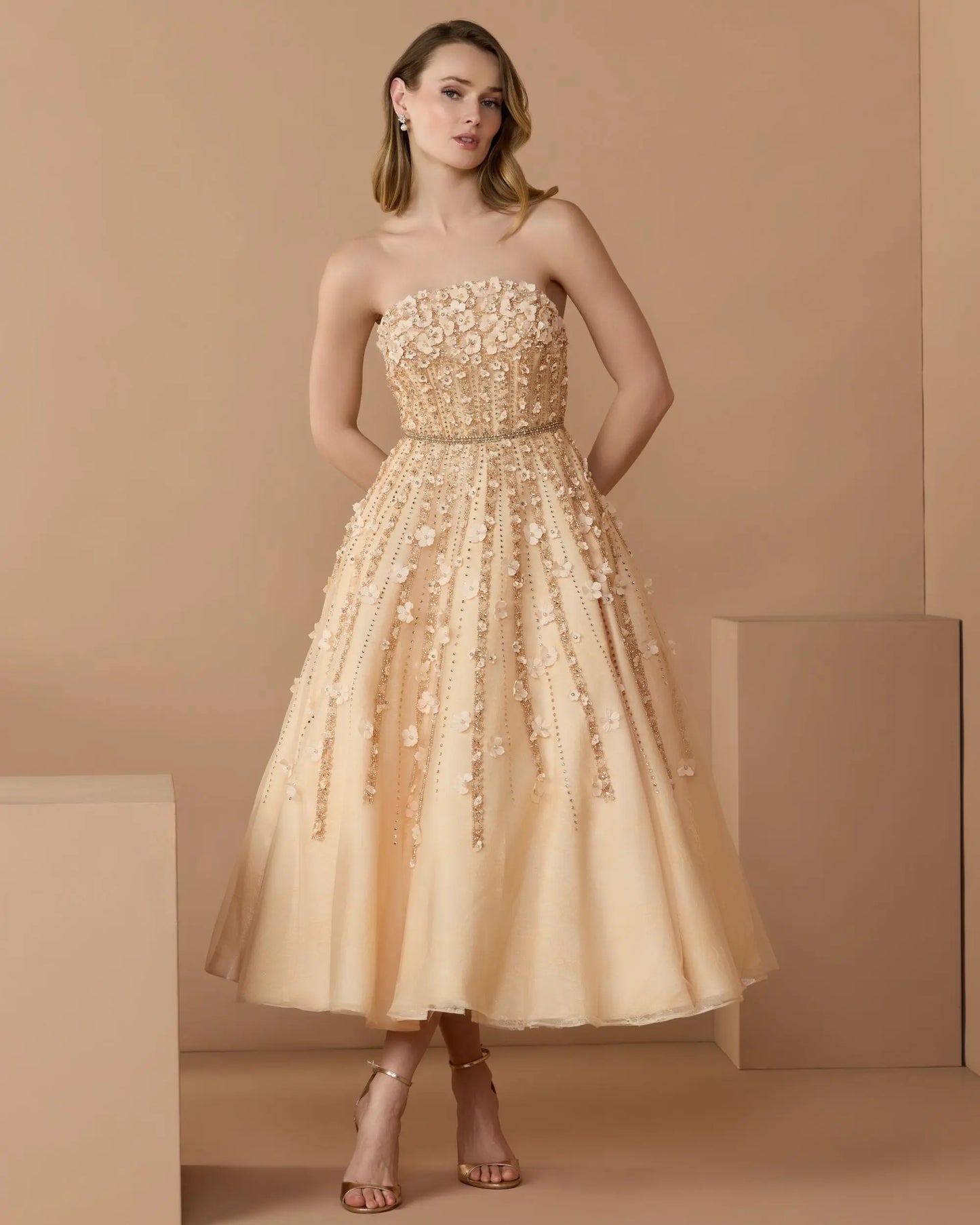 Beige Floral Embellished Strapless A-Line Midi Dress | Mac Duggal Beige Floral Embellished Strapless A-Line Midi Dress | Mac Duggal