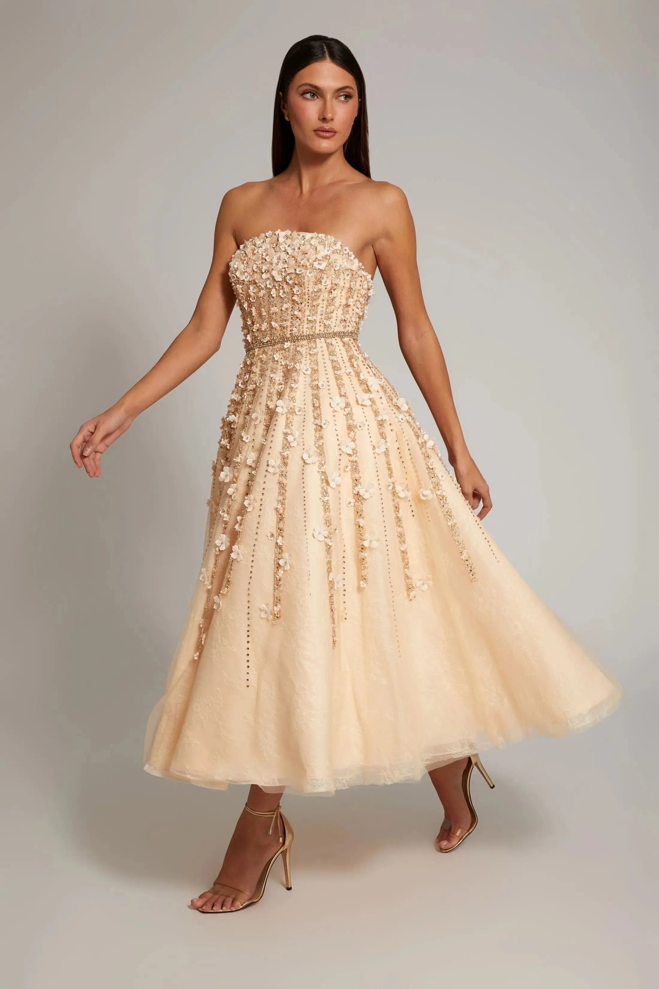 Beige Floral Embellished Strapless A-Line Midi Dress - Mac Duggal
