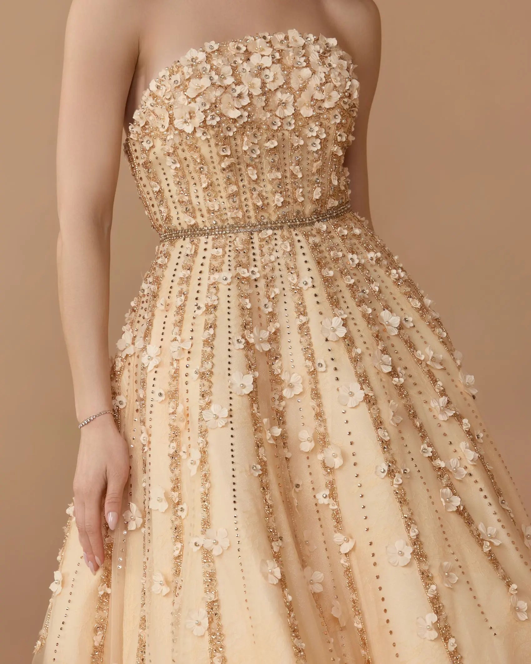 Beige Floral Embellished Strapless A-Line Midi Dress | Mac Duggal Beige Floral Embellished Strapless A-Line Midi Dress | Mac Duggal
