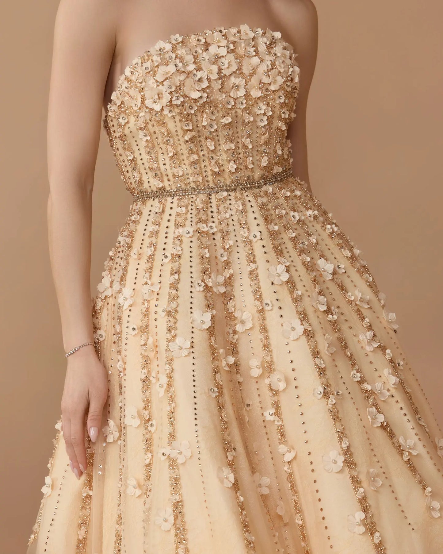 Beige Floral Embellished Strapless A-Line Midi Dress | Mac Duggal Beige Floral Embellished Strapless A-Line Midi Dress | Mac Duggal
