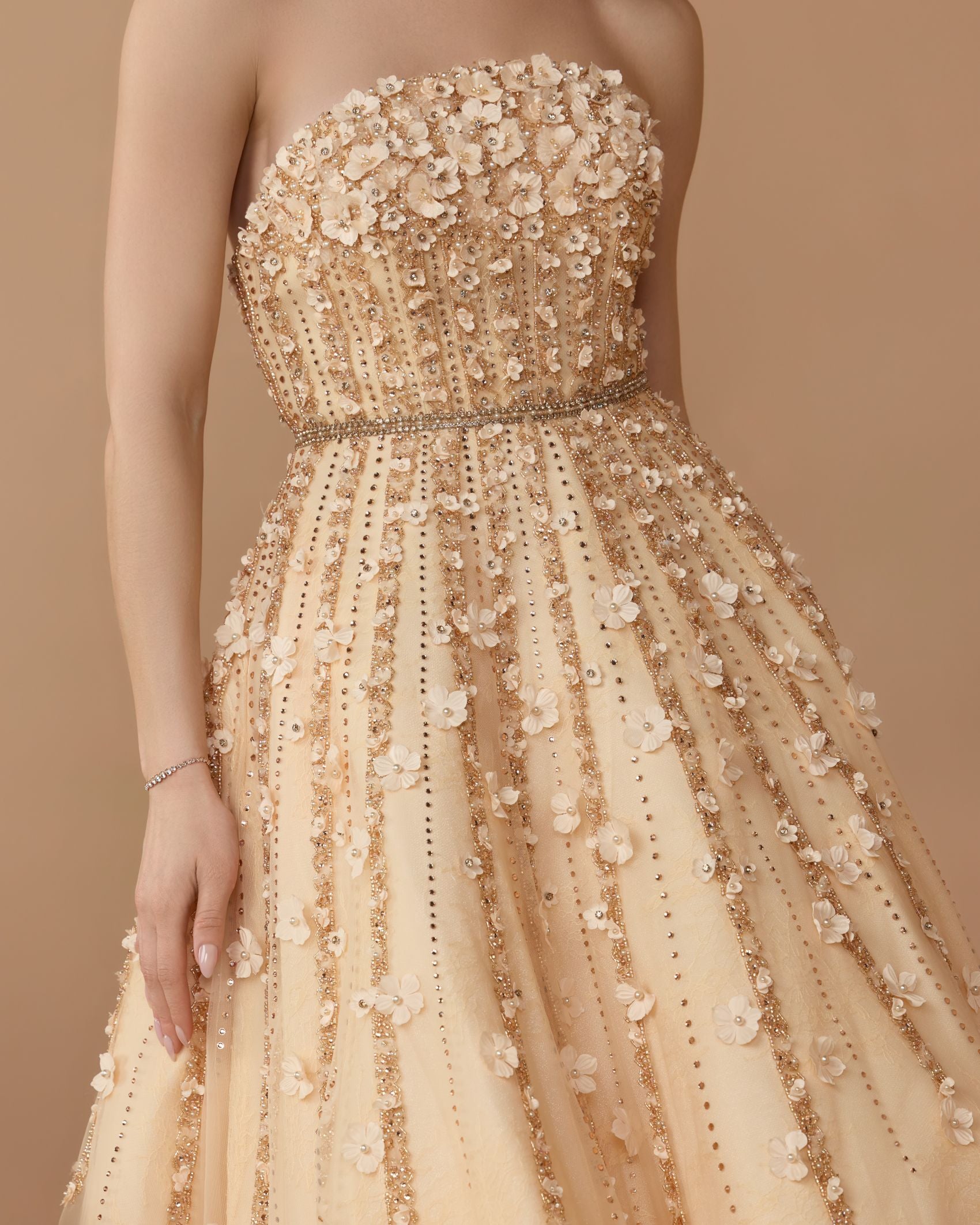 Beige Embellished Lace Strapless A Line Midi Dress