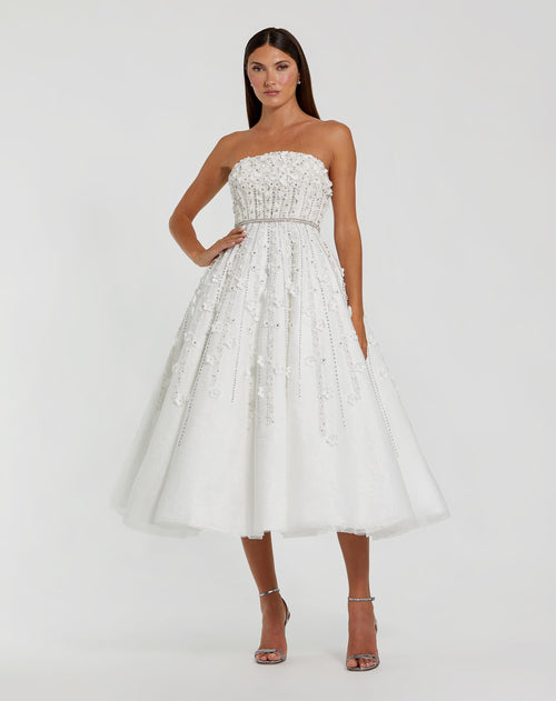 White Embellished Lace Strapless Midi A Line Dress - Mac Duggal