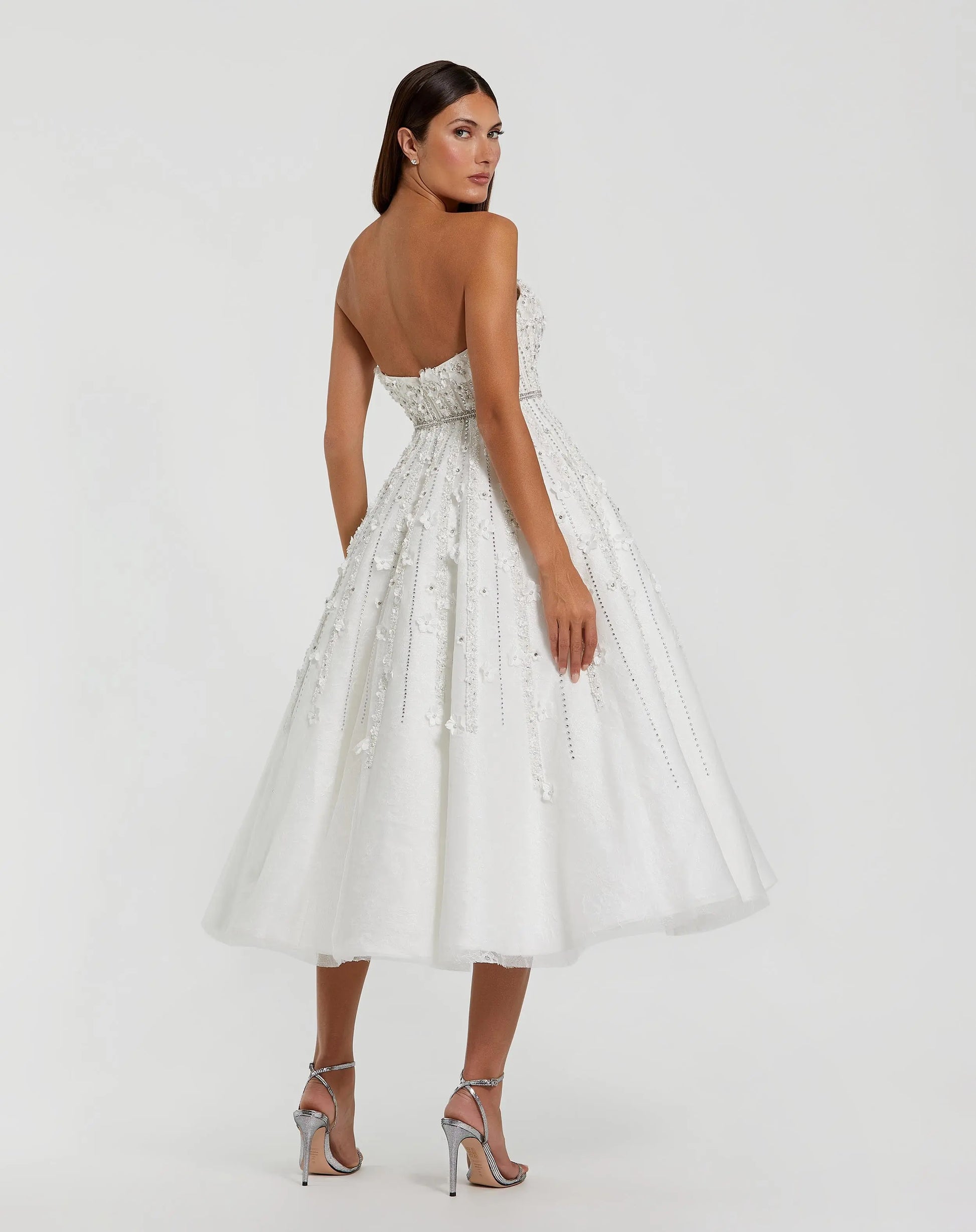 White Floral Embellished Strapless A-Line Midi Dress | Mac Duggal White Floral Embellished Strapless A-Line Midi Dress | Mac Duggal