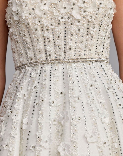 White Embellished Lace Strapless Midi A Line Dress - Mac Duggal