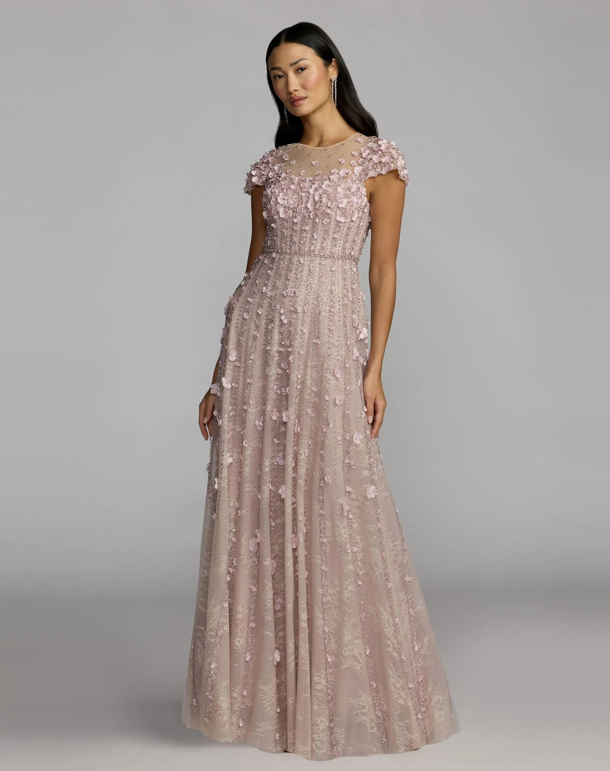 Pink Embellished Lace Illusion Neck A-Line Gown - Mac Duggal