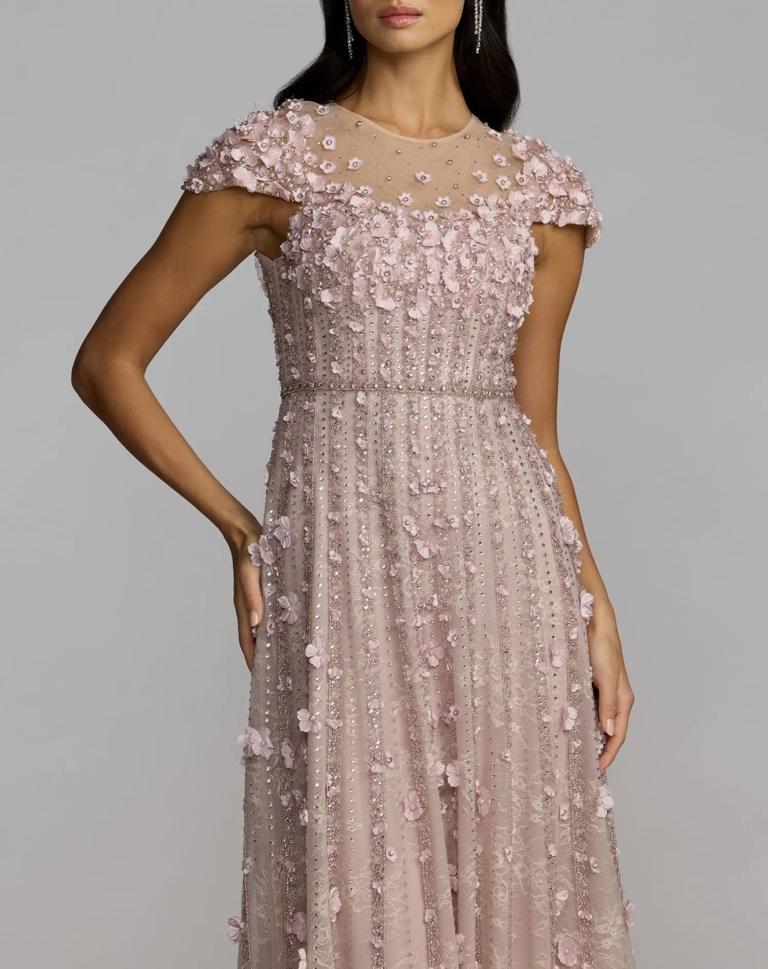 Pink Embellished Lace Illusion Neck A-Line Gown - Mac Duggal