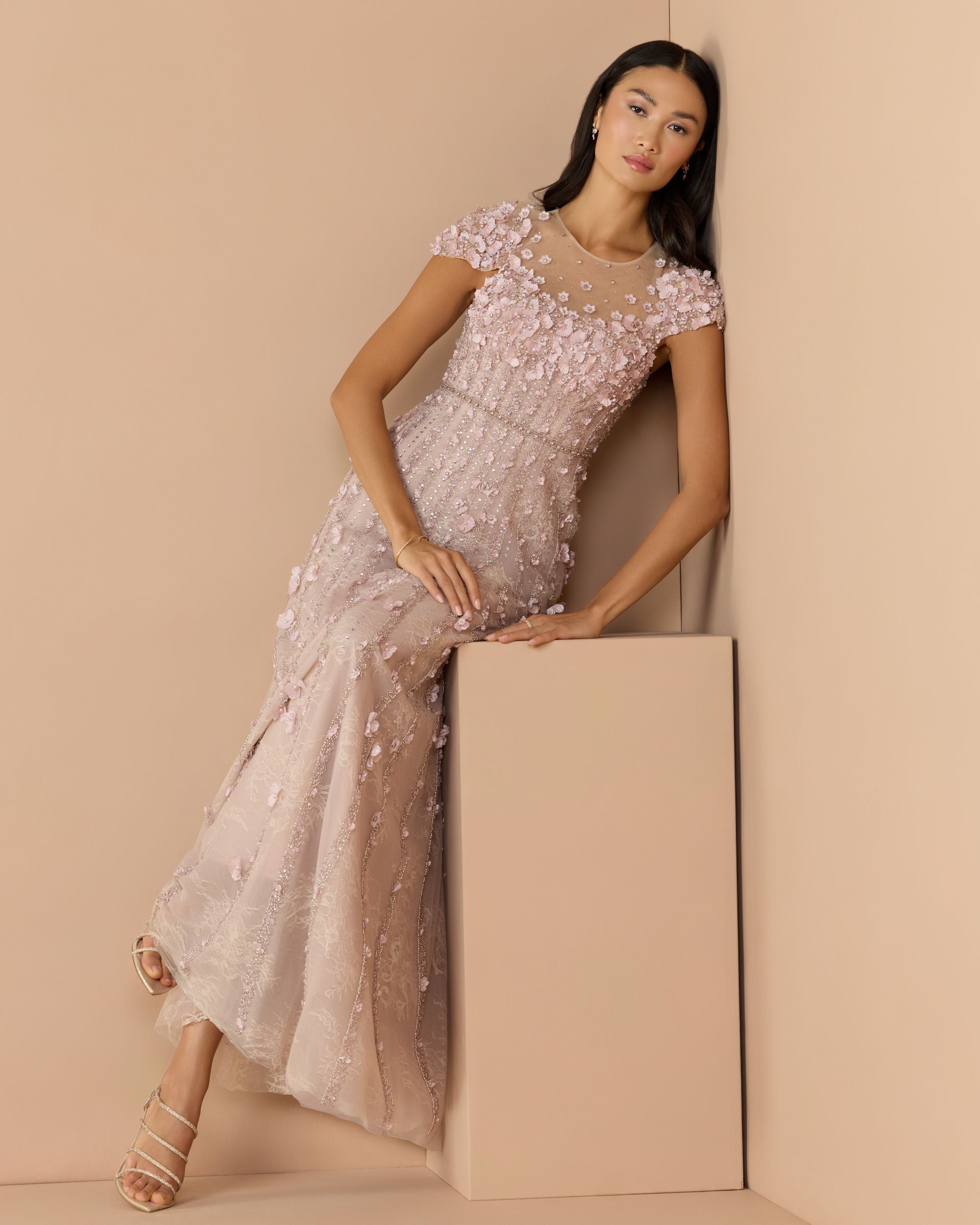 Pink Embellished Lace Illusion Neck A-Line Gown - Mac Duggal