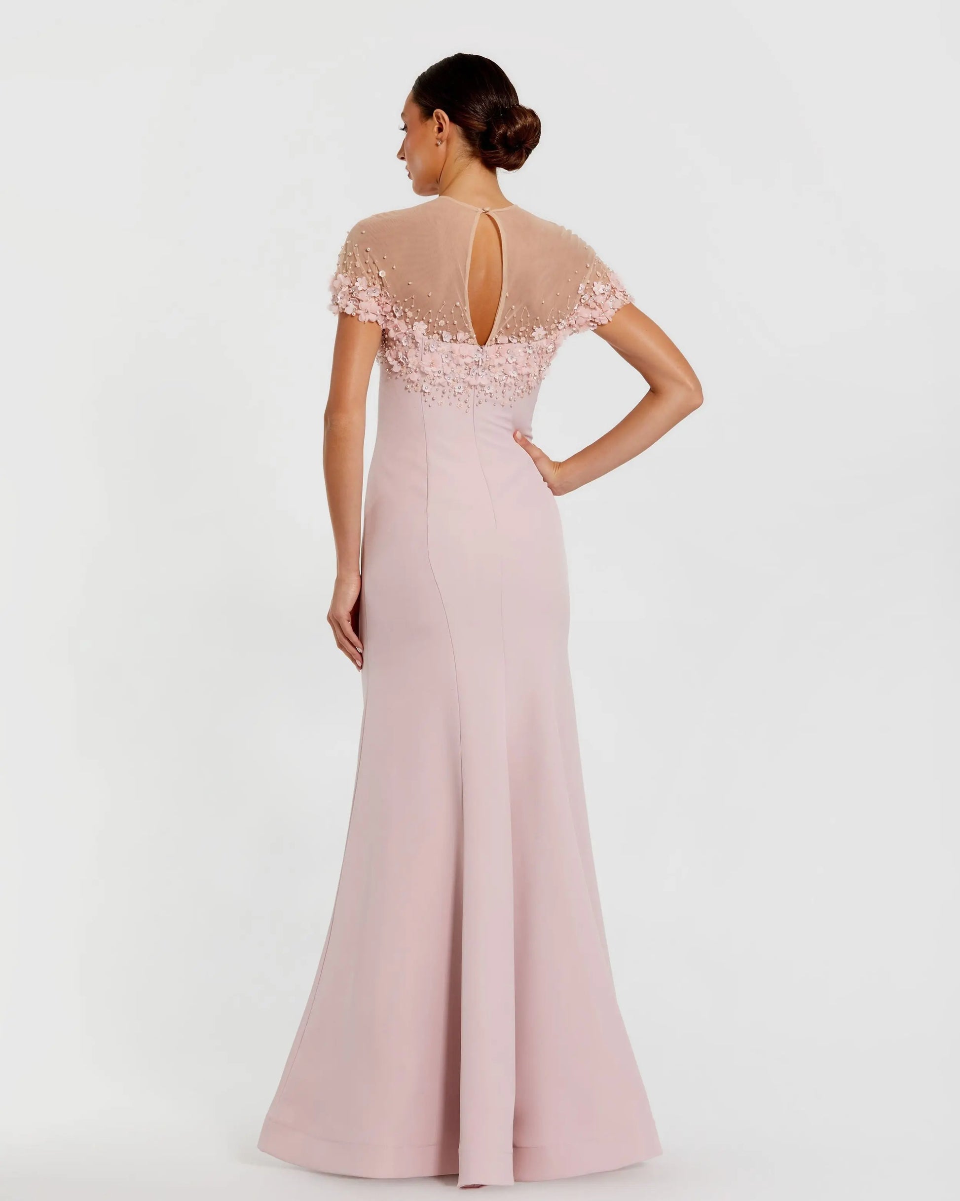 mac duggal mermaid dress Pink Embellished Mermaid Gown With Off The Shoulder Ruffle