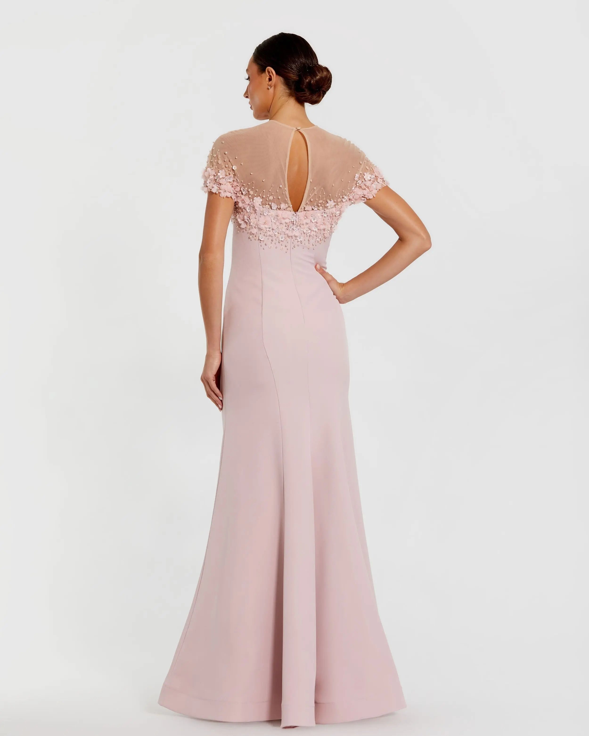 Pink Mermaid Crepe Gown With Beaded Illusion Neck Mac Duggal
