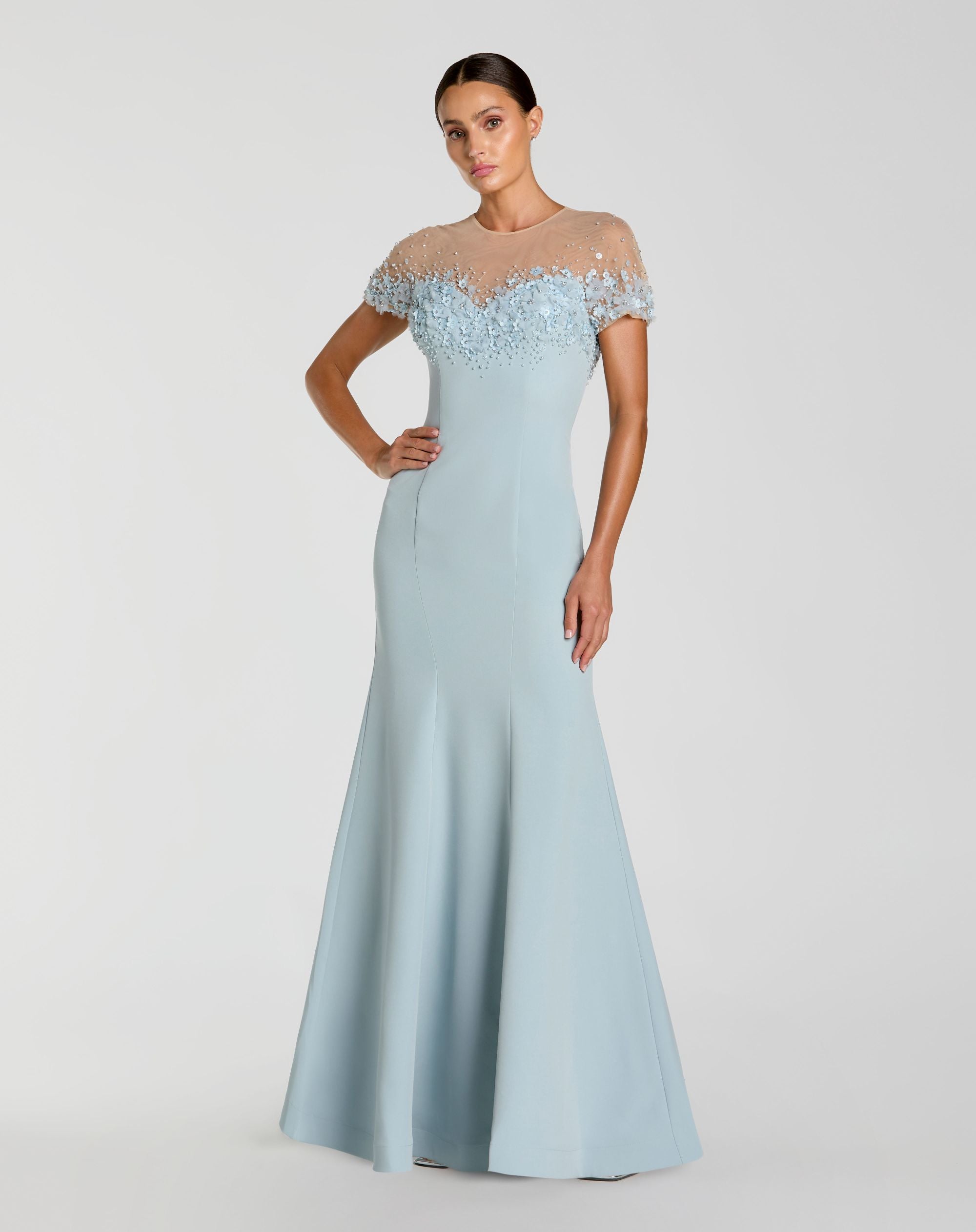 Blue Crepe Mermaid Gown With Beaded Illusion Neck - Mac Duggal