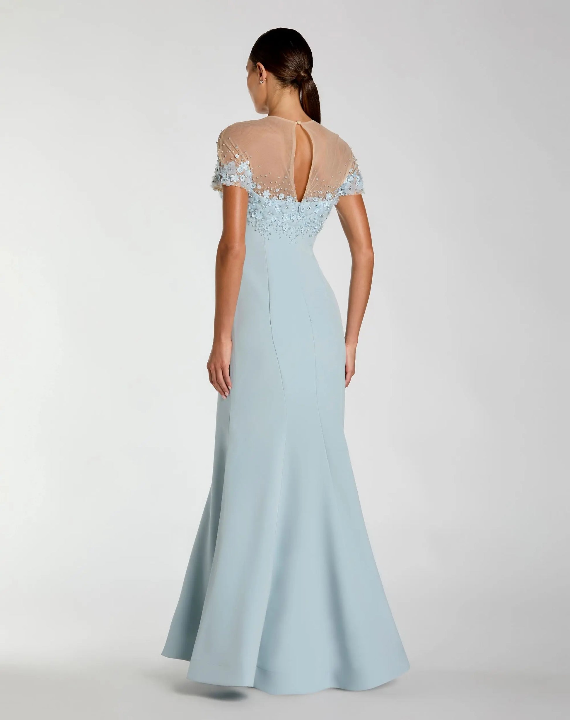 Blue Crepe Mermaid Gown With Beaded Illusion Neck | Mac Duggal Blue Crepe Mermaid Gown With Beaded Illusion Neck | Mac Duggal