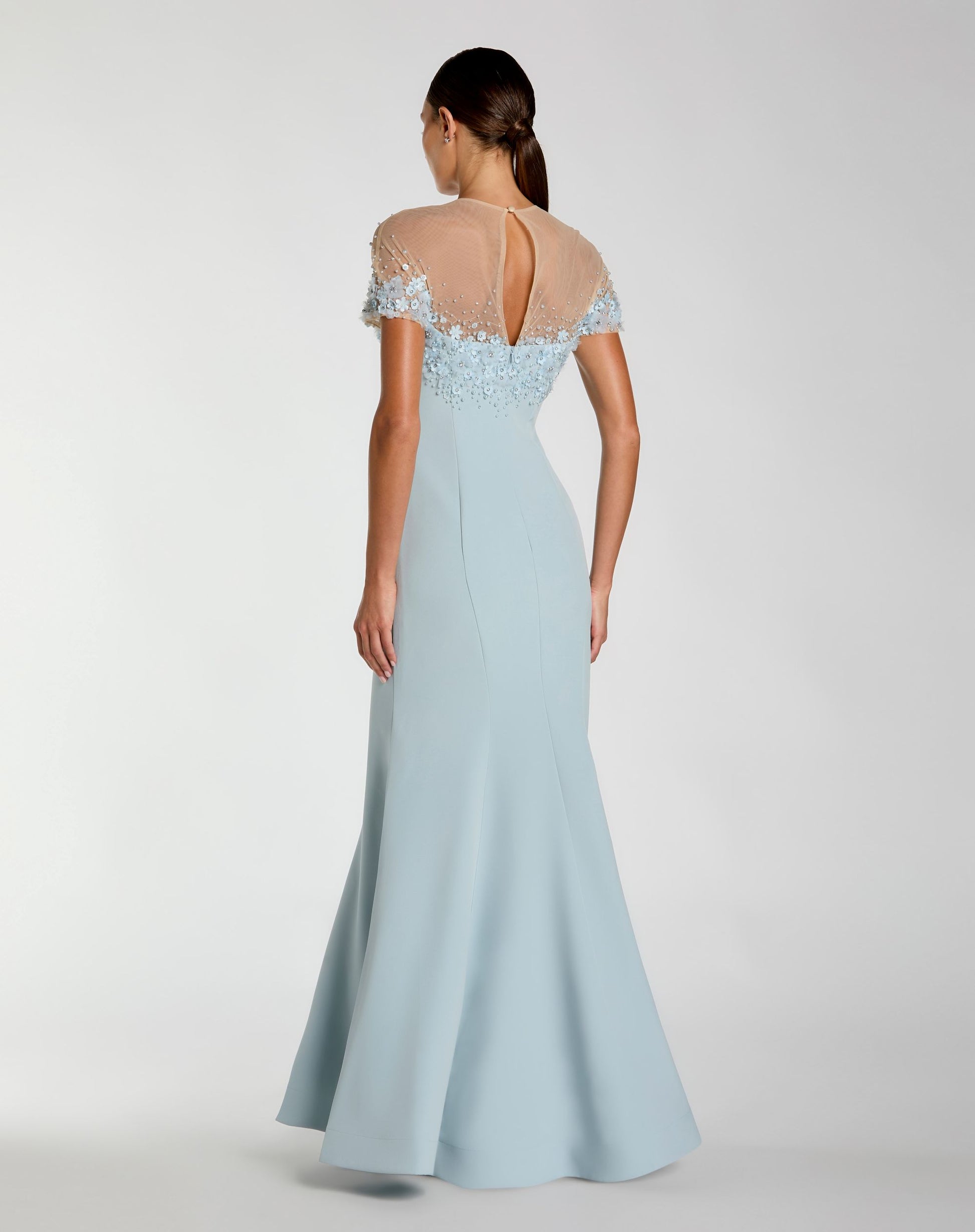 Blue Crepe Mermaid Gown With Beaded Illusion Neck - Mac Duggal