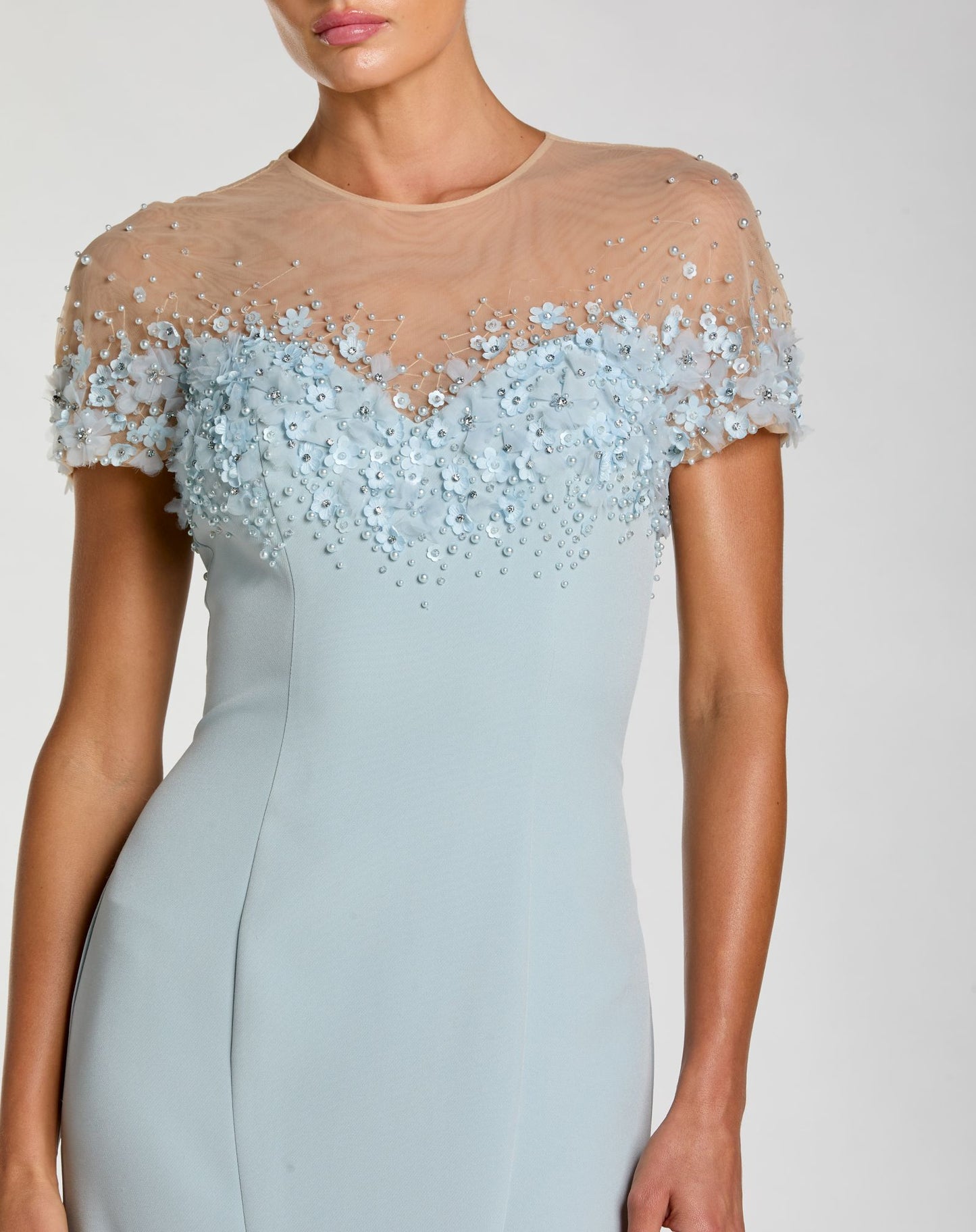 Blue Crepe Mermaid Gown With Beaded Illusion Neck - Mac Duggal