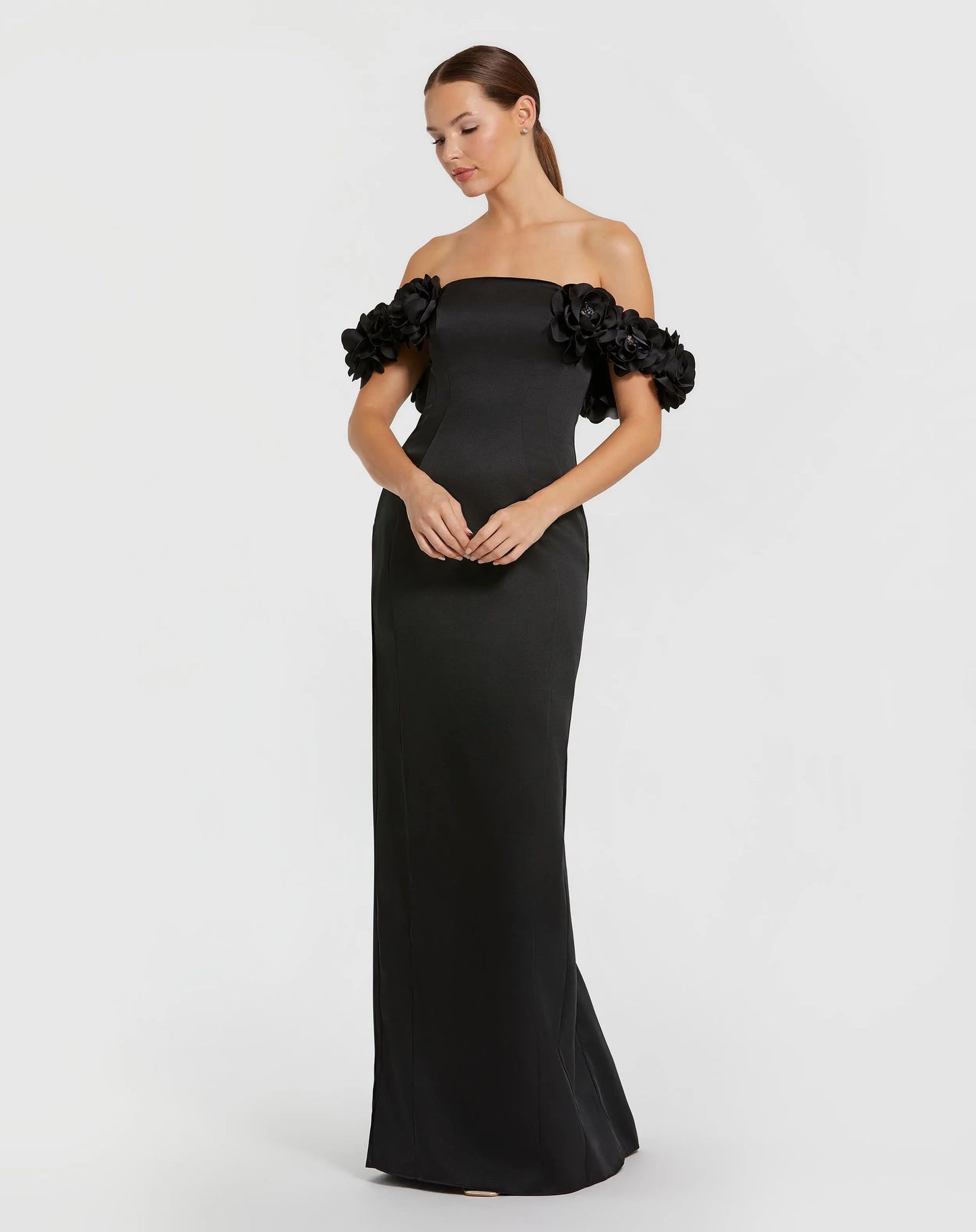 Black Satin 3D Flower Off The Shoulder Mermaid Gown | Mac Duggal Black Satin 3D Flower Off The Shoulder Mermaid Gown | Mac Duggal