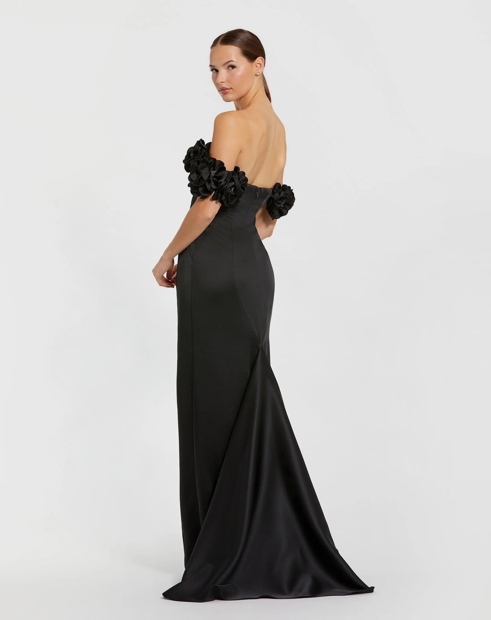 Black Satin 3D Flower Off The Shoulder Mermaid Gown - Mac Duggal