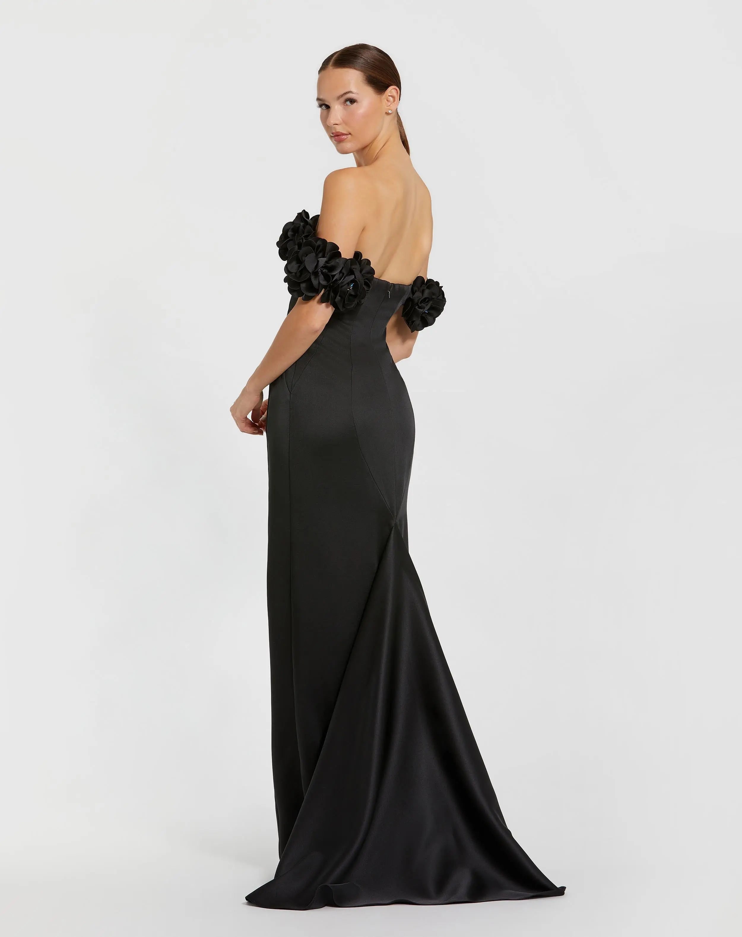 Black Satin 3D Flower Off The Shoulder Mermaid Gown - Mac Duggal