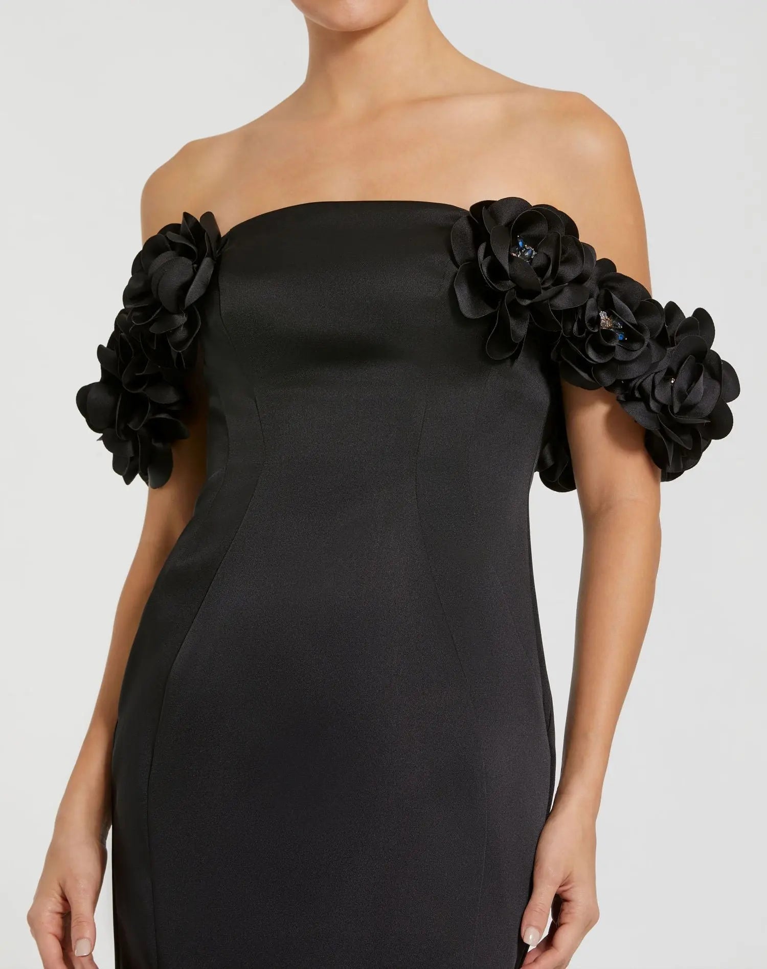 Black Satin 3D Flower Off The Shoulder Mermaid Gown | Mac Duggal Black Satin 3D Flower Off The Shoulder Mermaid Gown | Mac Duggal