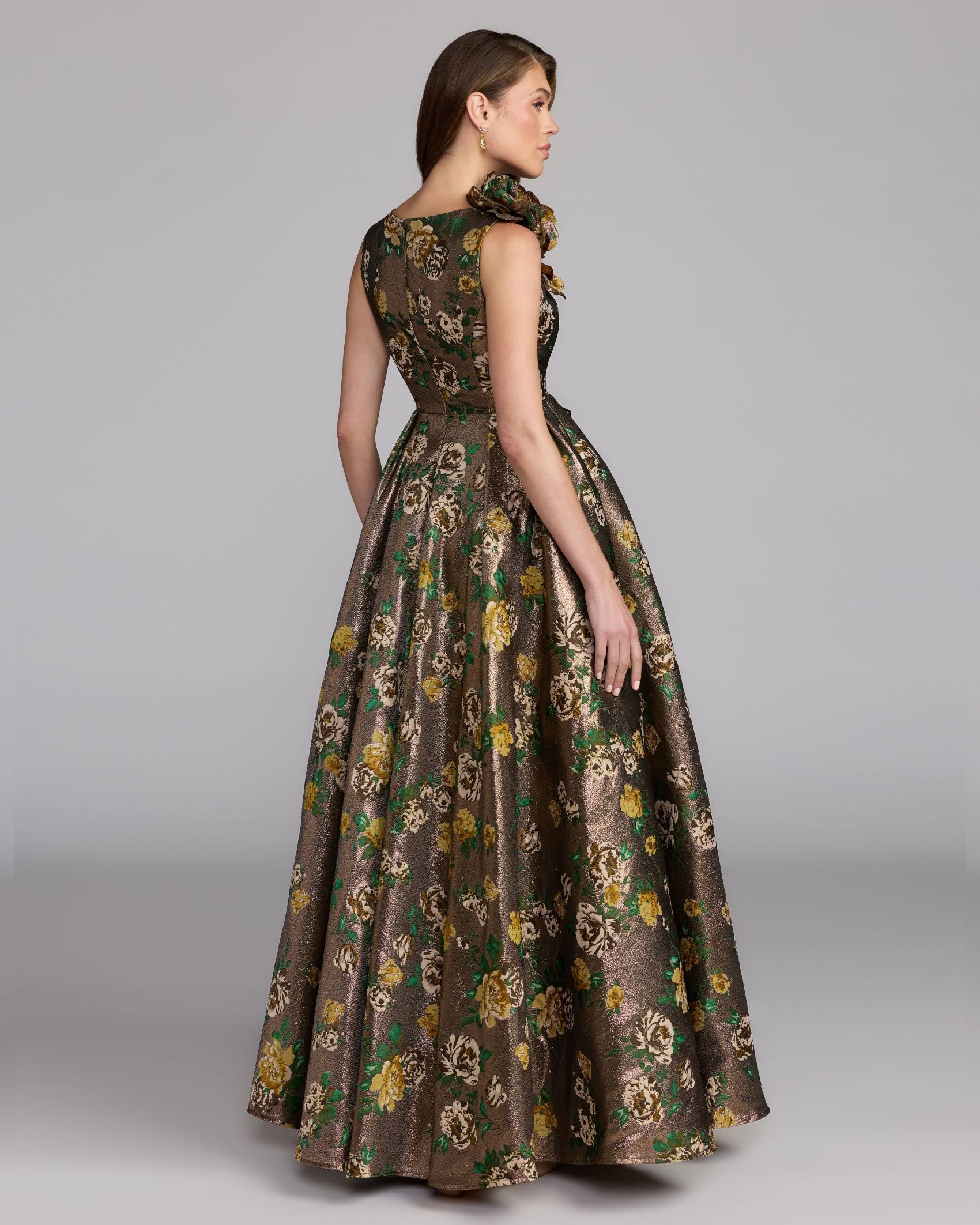 Gold Metallic Ball Gown With 3D Rosette Mac Duggal