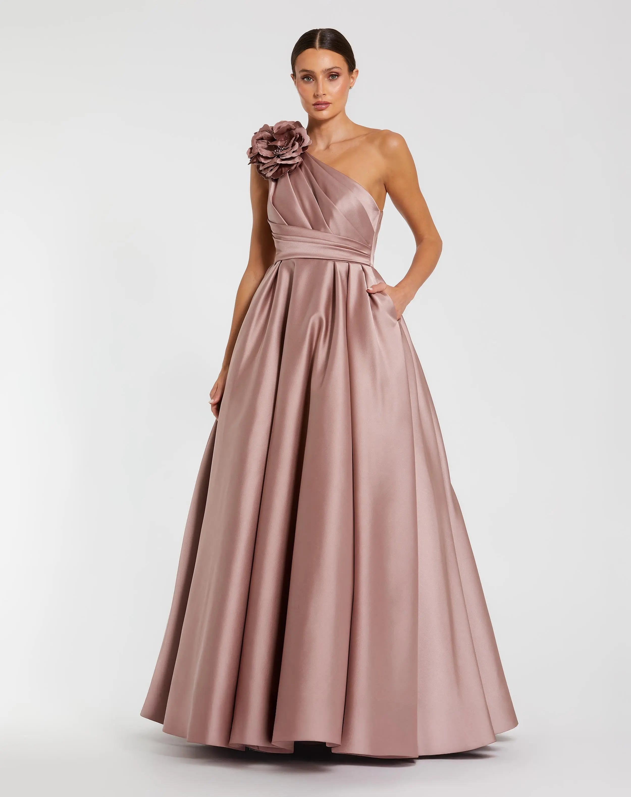 Pink One Shoulder Satin Ballgown With 3D Flower - Mac Duggal