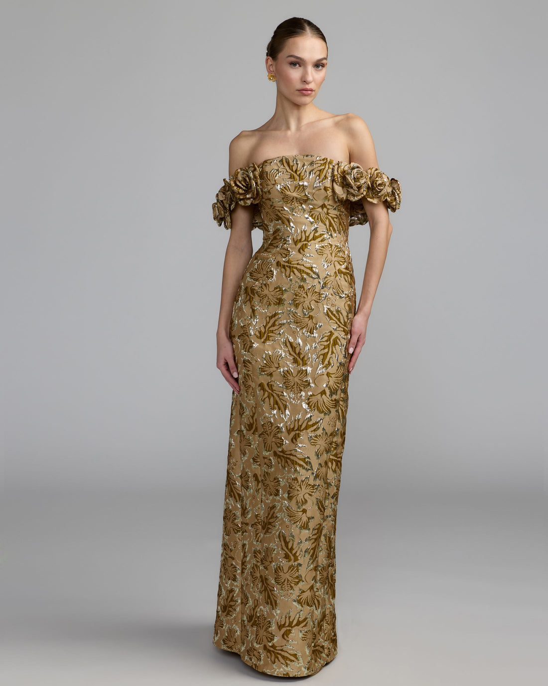 Bronze Multi Off The Shoulder Rosette Column Gown Mac Duggal