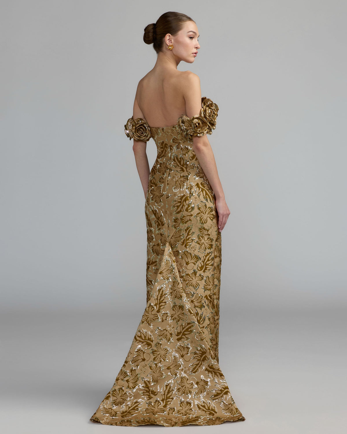 Bronze Multi Off The Shoulder Rosette Column Gown Mac Duggal