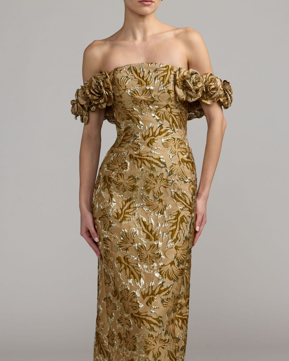 Bronze Multi Off The Shoulder Rosette Column Gown Mac Duggal