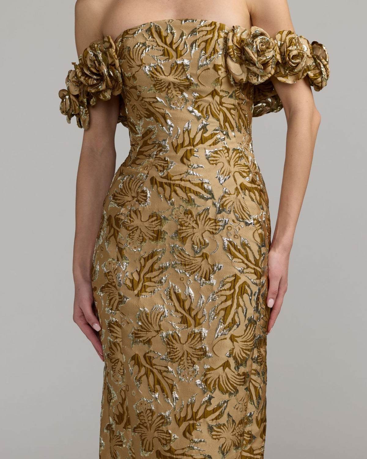 Bronze Multi Off The Shoulder Rosette Column Gown Mac Duggal