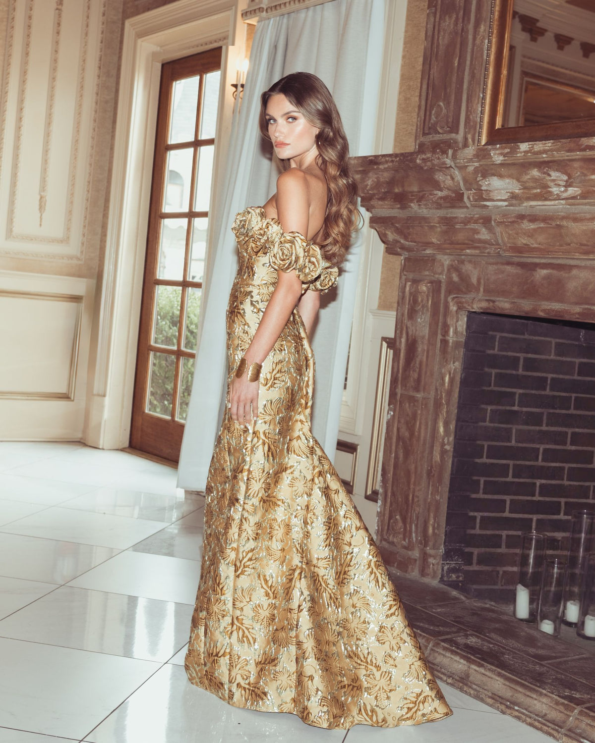 Bronze Multi Off The Shoulder Rosette Column Gown Mac Duggal