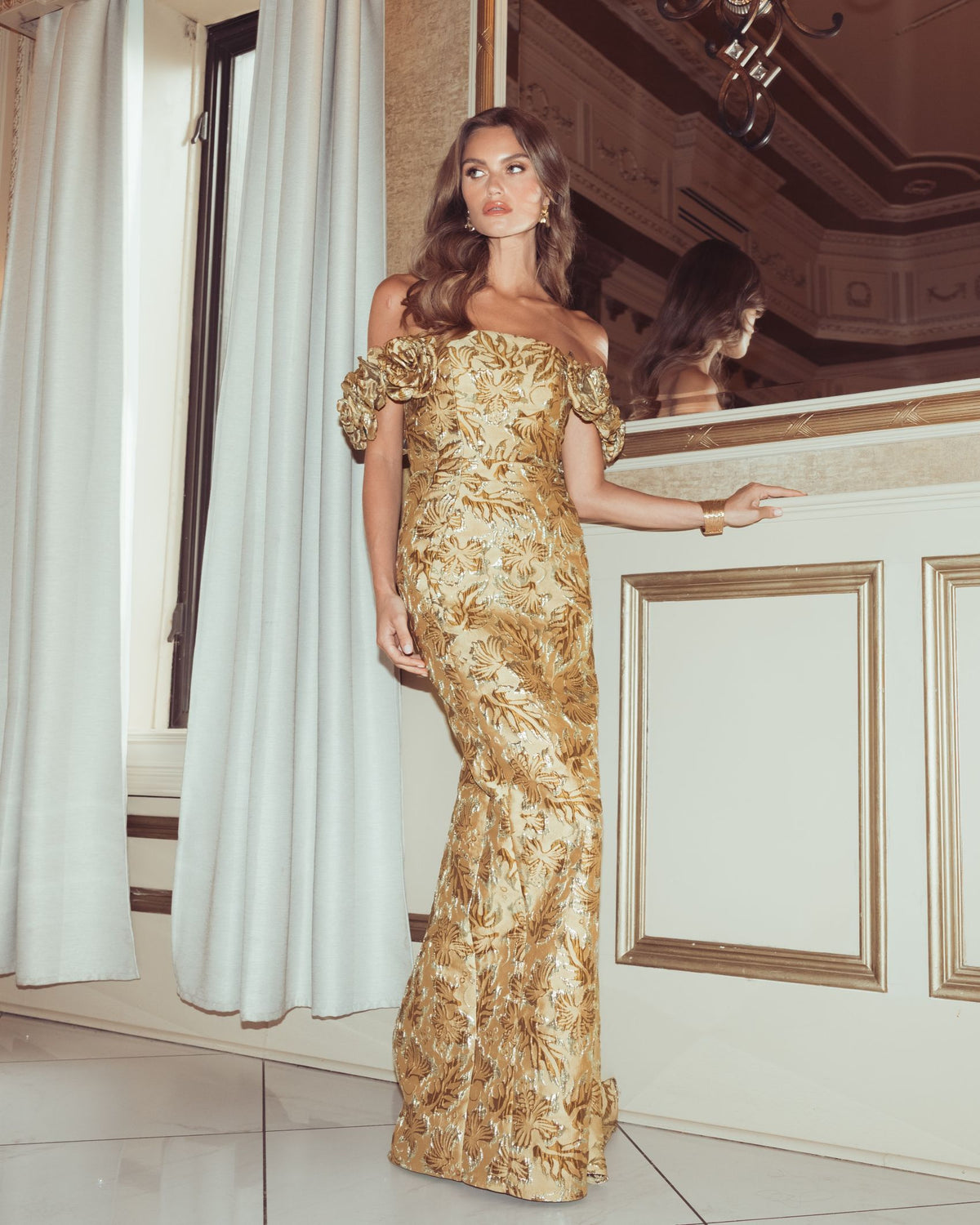 Bronze Multi Off The Shoulder Rosette Column Gown Mac Duggal