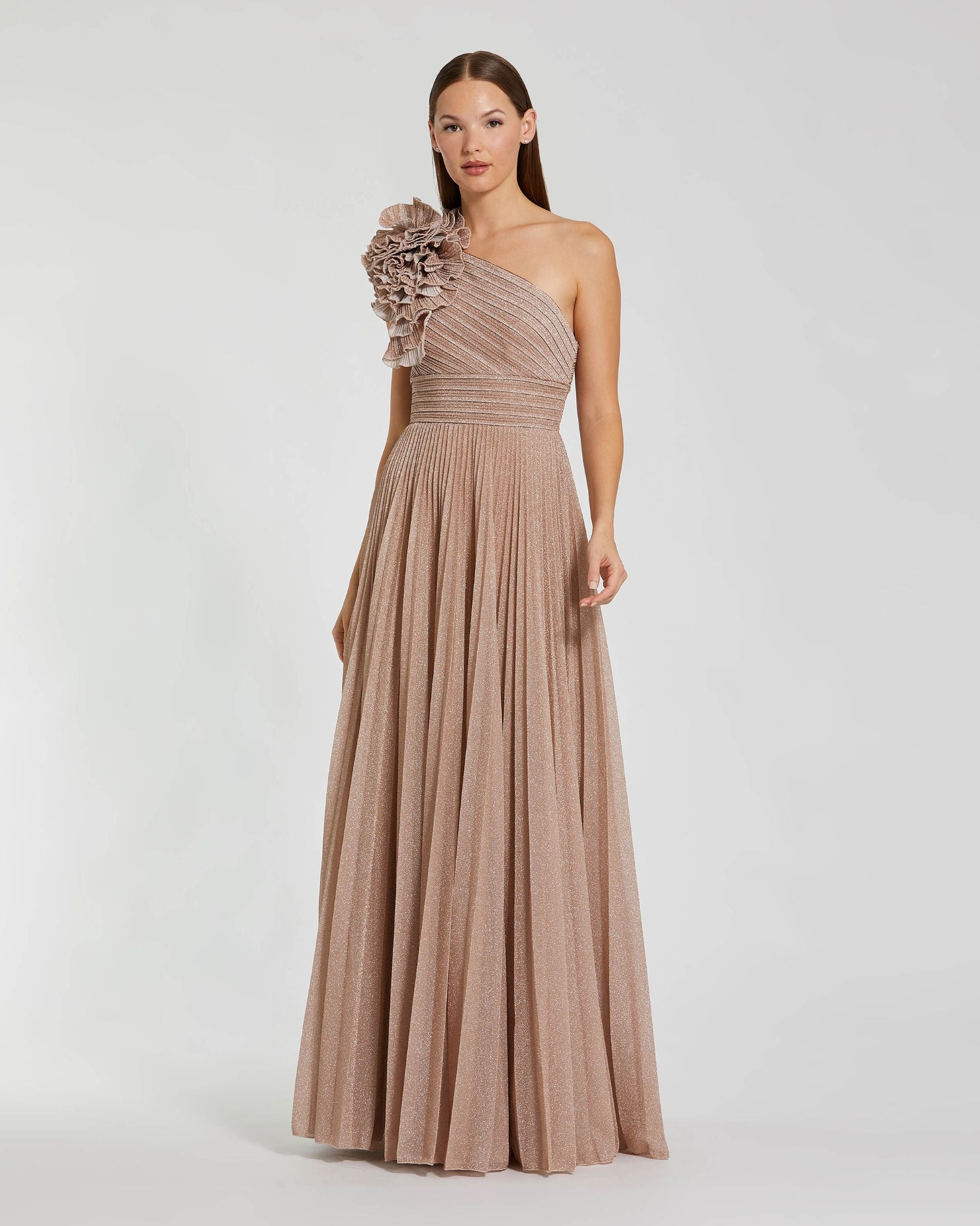 Pink Pleated One-Shoulder Ruffle Gown Ieena for Mac Duggal