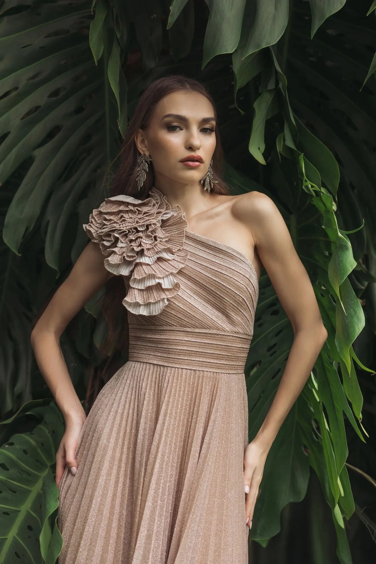 Pink Pleated One-Shoulder Ruffle Gown Ieena for Mac Duggal