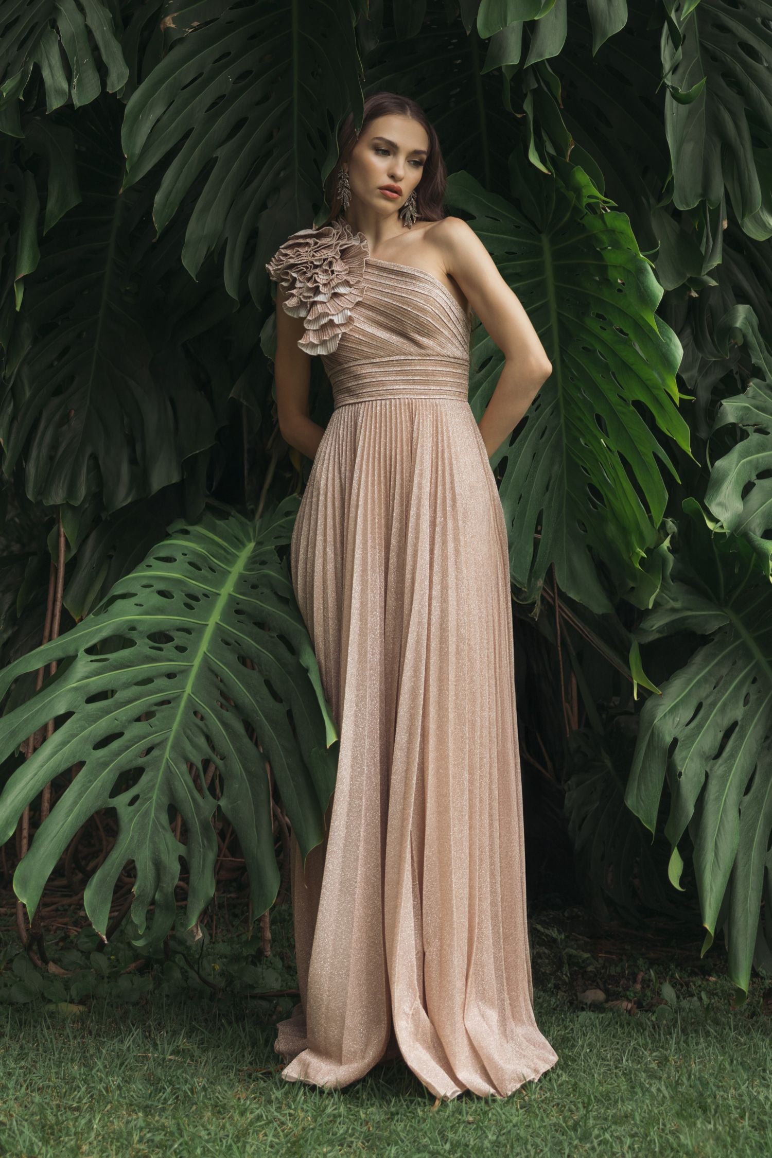 Pink Pleated One-Shoulder Ruffle Gown Ieena for Mac Duggal