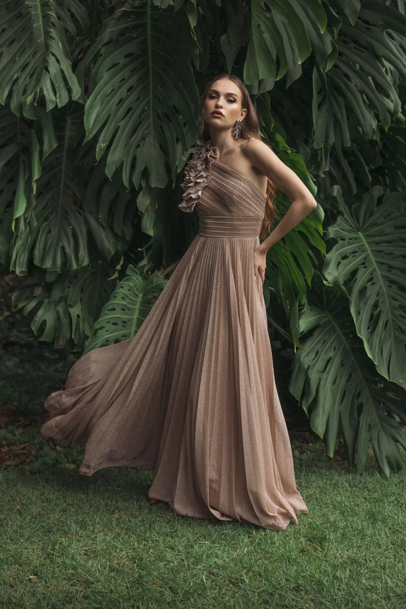 Pink Pleated One-Shoulder Ruffle Gown Ieena for Mac Duggal