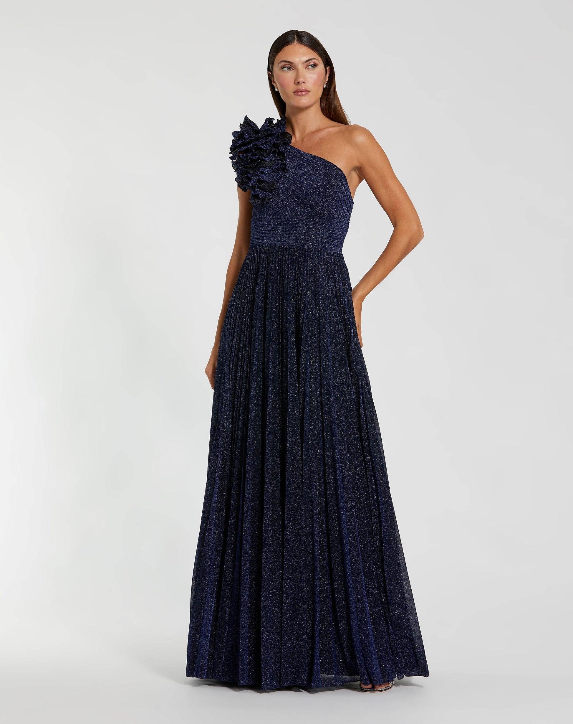 Navy Pleated One Shoulder Ruffle Gown - Ieena for Mac Duggal