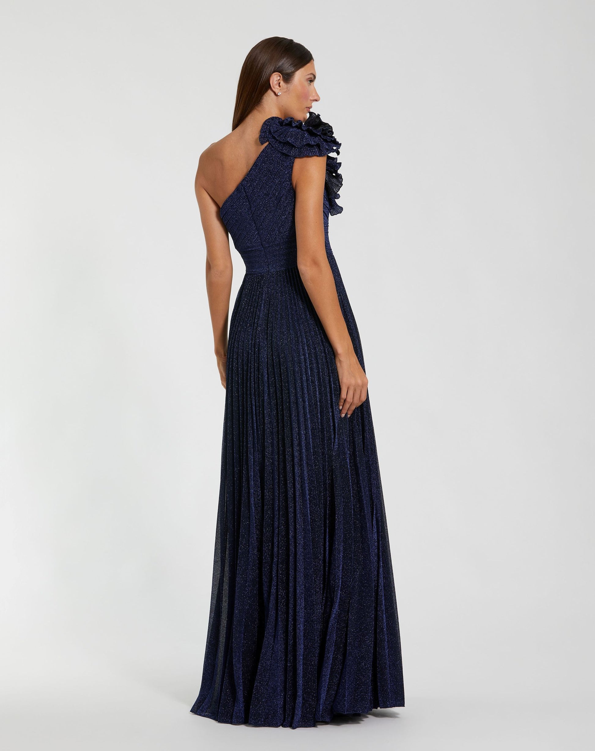 Navy Pleated One Shoulder Ruffle Gown - Ieena for Mac Duggal