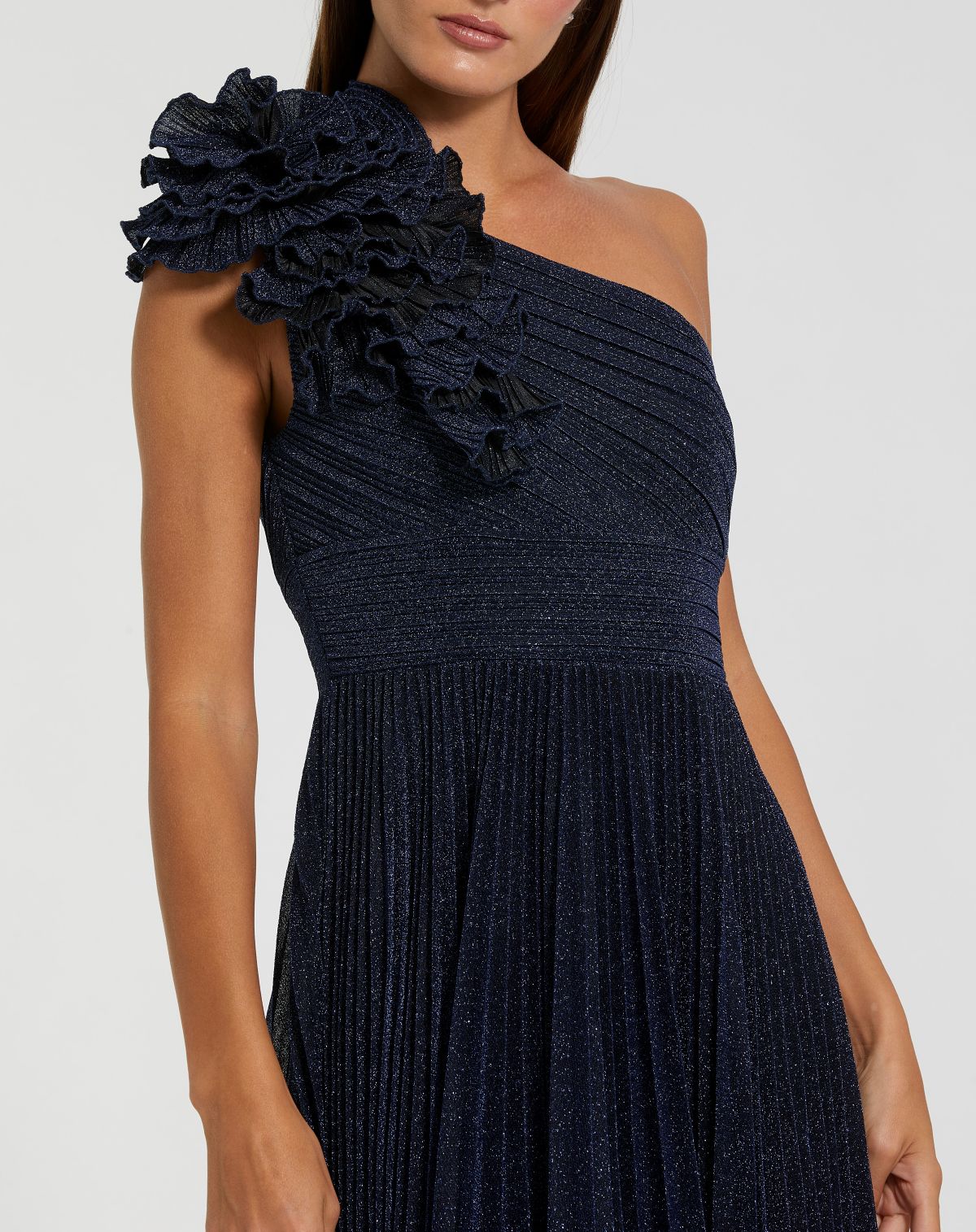 Navy Pleated One Shoulder Ruffle Gown - Ieena for Mac Duggal