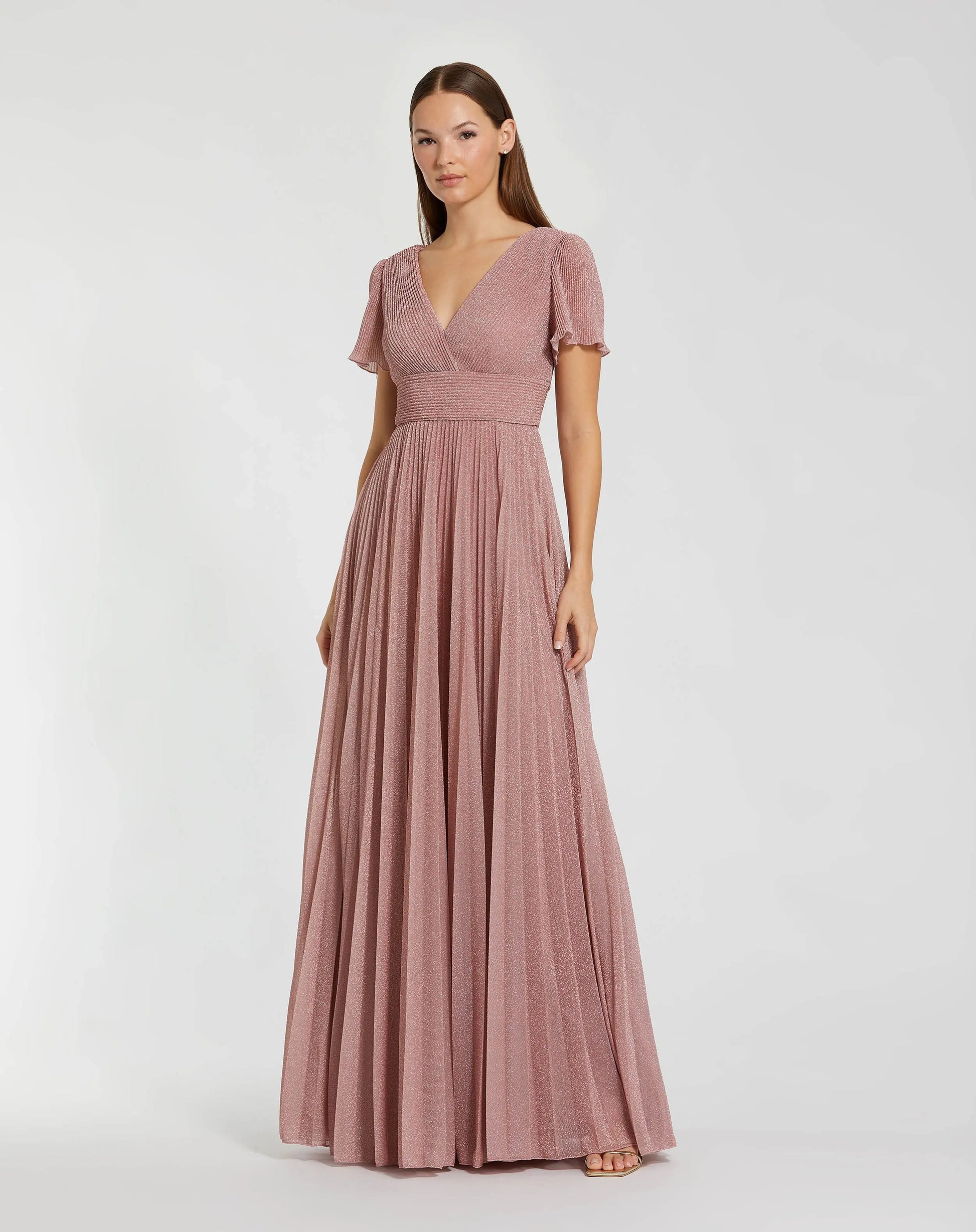 Pink Pleated Metallic Flutter Sleeve A Line Gown | Mac Duggal Pink Pleated Metallic Flutter Sleeve A Line Gown | Mac Duggal
