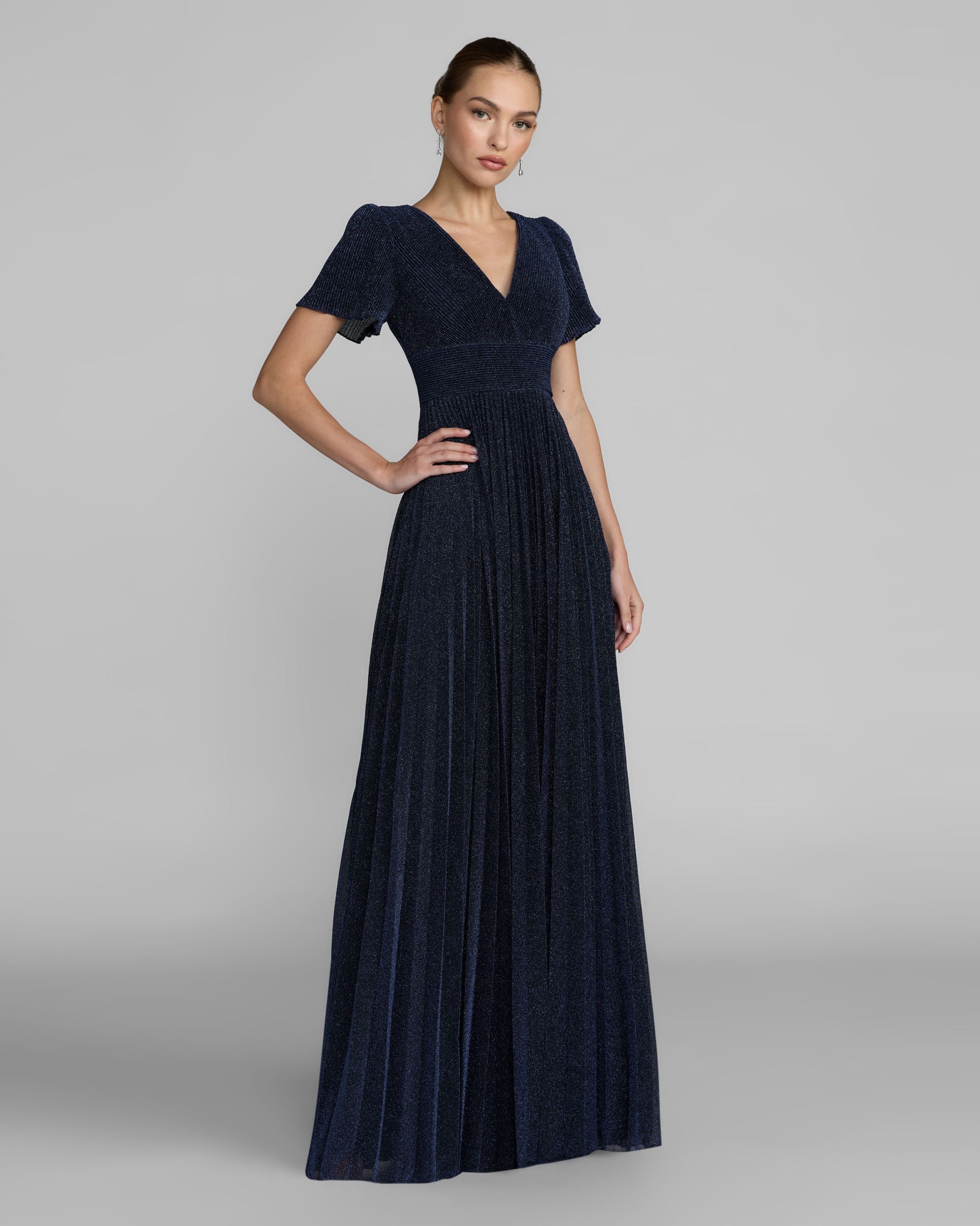 Navy Pleated Metallic Flutter Sleeve A Line Gown Ieena for Mac Duggal