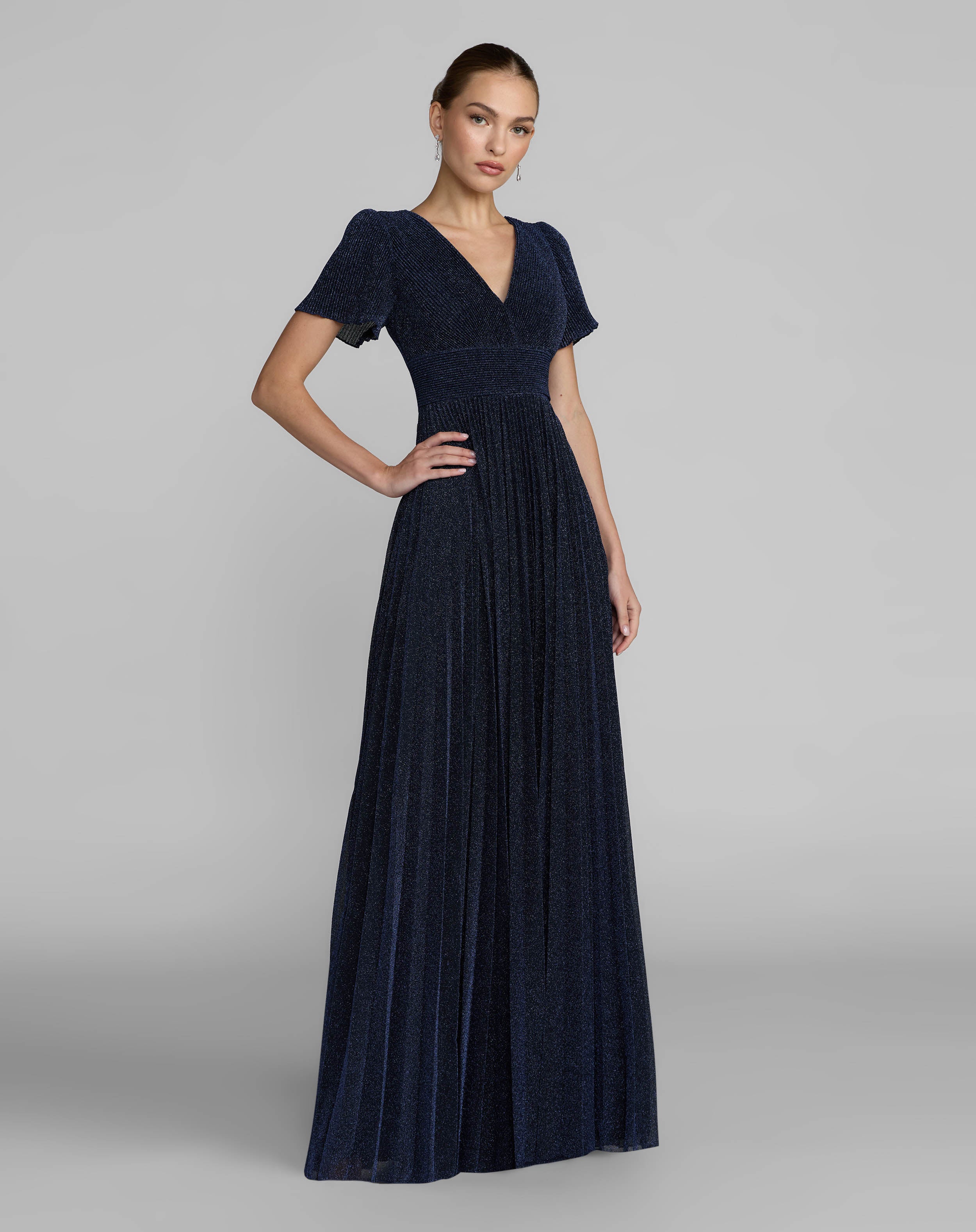 Navy Pleated Metallic Flutter Sleeve A Line Gown Ieena for Mac Duggal