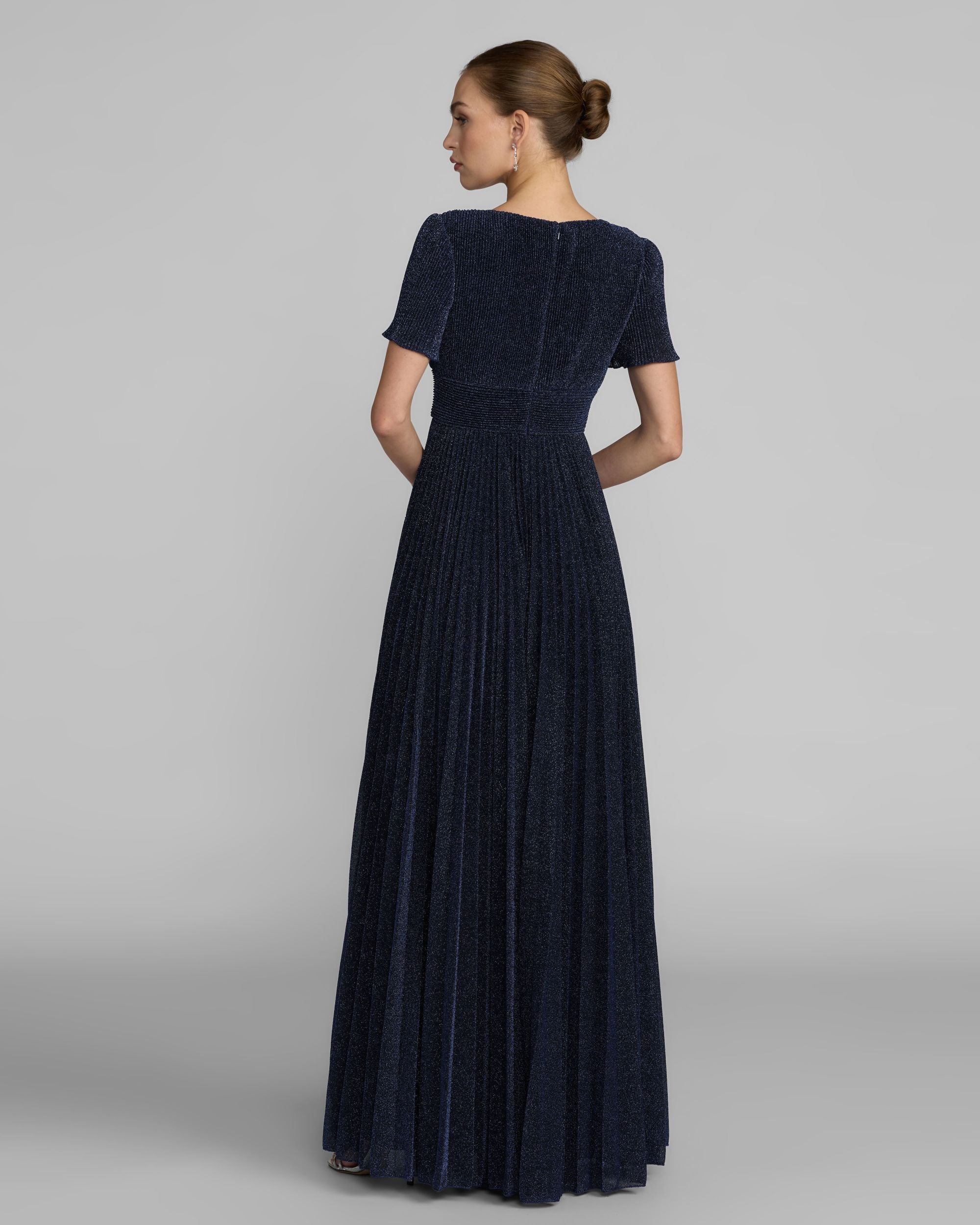 Navy Pleated Metallic Flutter Sleeve A Line Gown Ieena for Mac Duggal