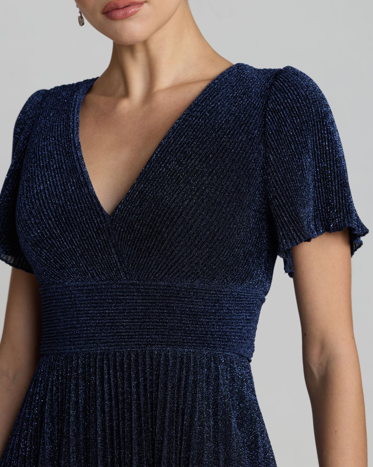 Navy Pleated Metallic Flutter Sleeve A Line Gown Ieena for Mac Duggal