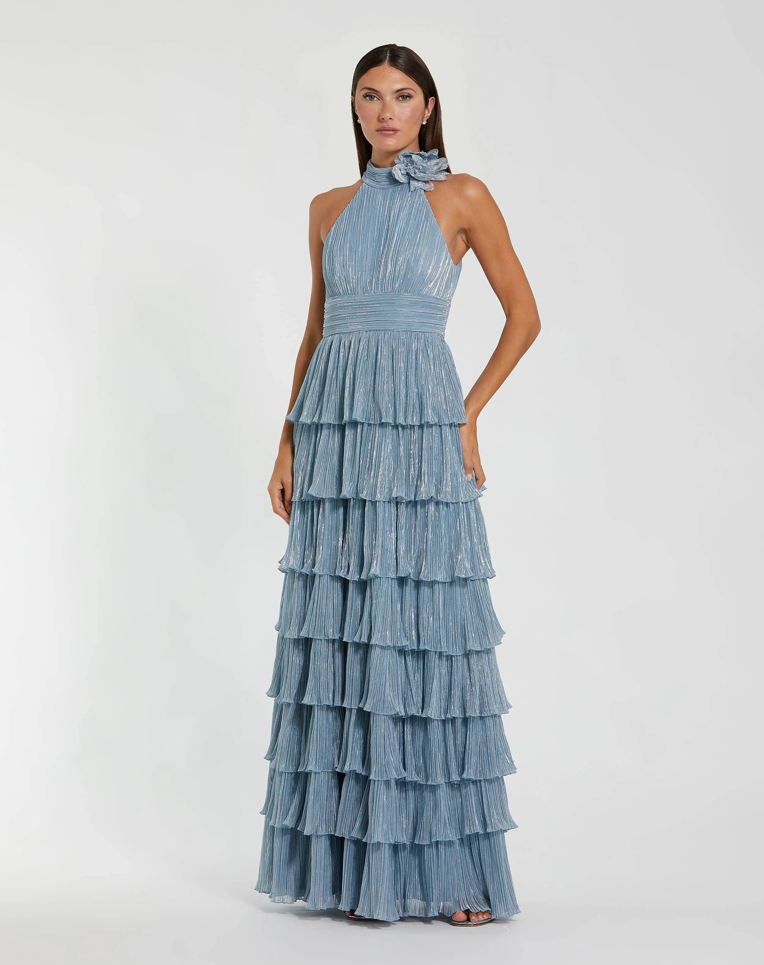 Blue Pleated Metallic Halter Neck Ruffle Gown With 3D Flower - Ieena for Mac Duggal