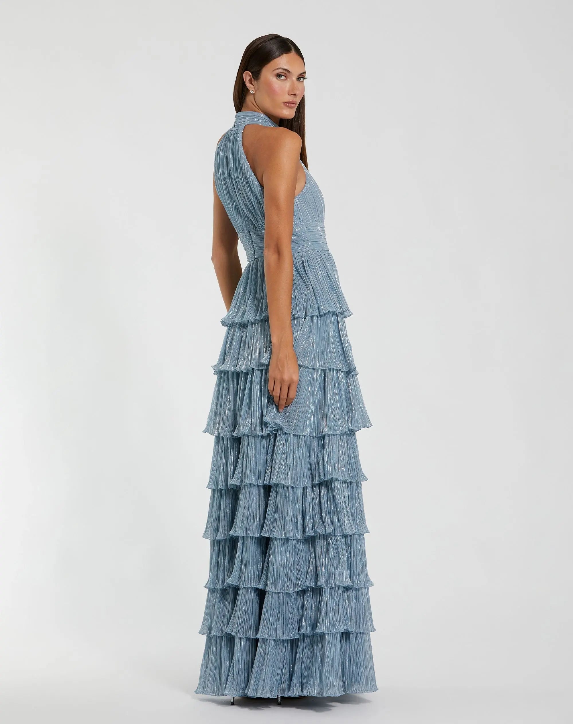 Blue Pleated Metallic Halter Neck Ruffle Gown With 3D Flower - Ieena for Mac Duggal
