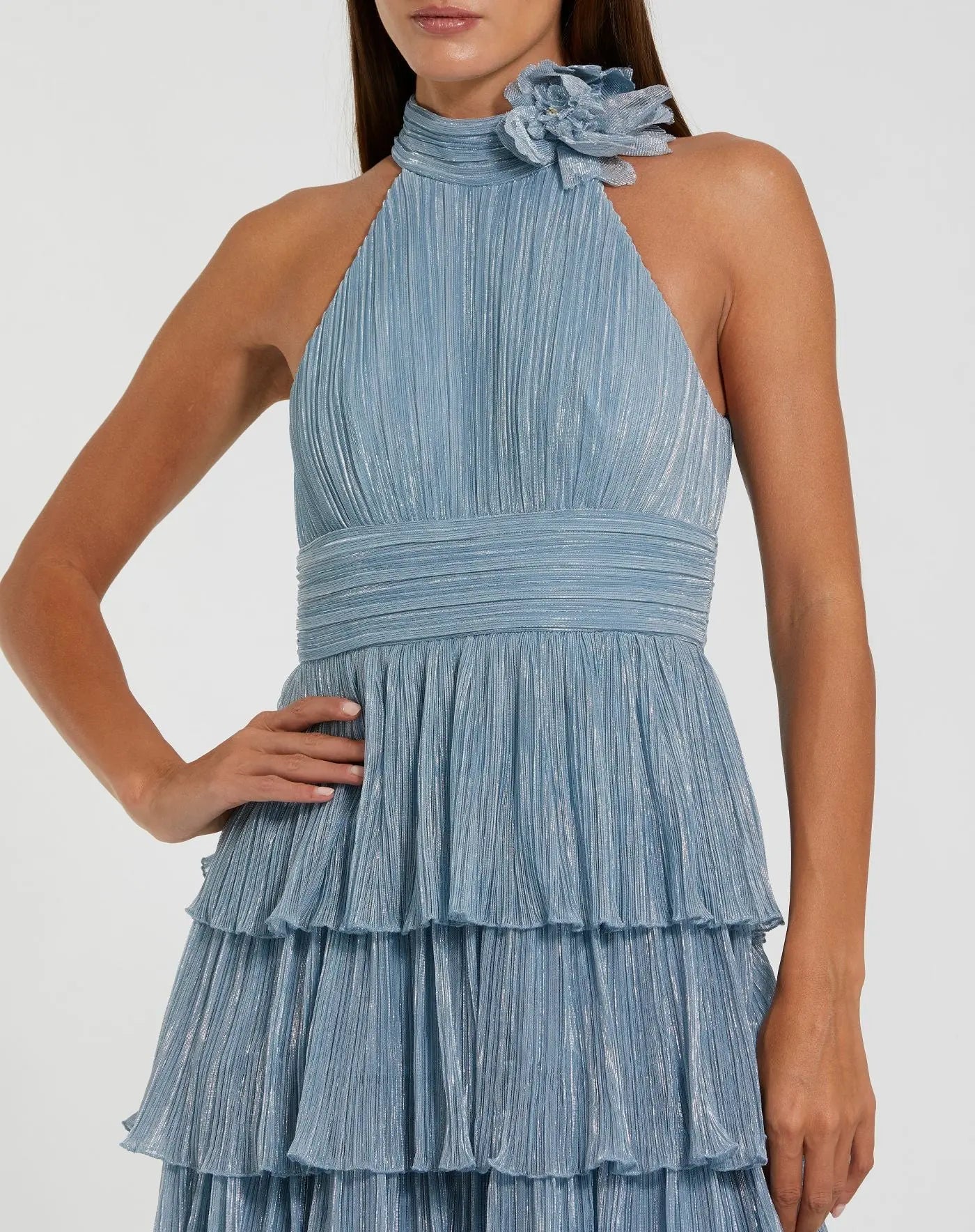 Blue Pleated Metallic Halter Neck Ruffle Gown With 3D Flower - Ieena for Mac Duggal