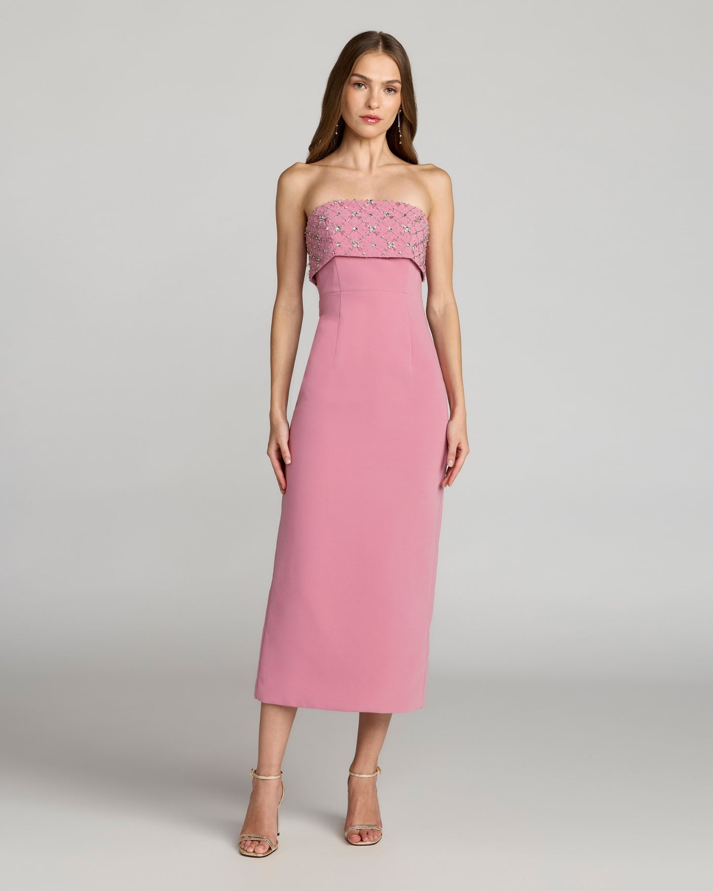 Pink Strapless Crepe Midi Dress With Rhinestone Detail Ieena for Mac Duggal 