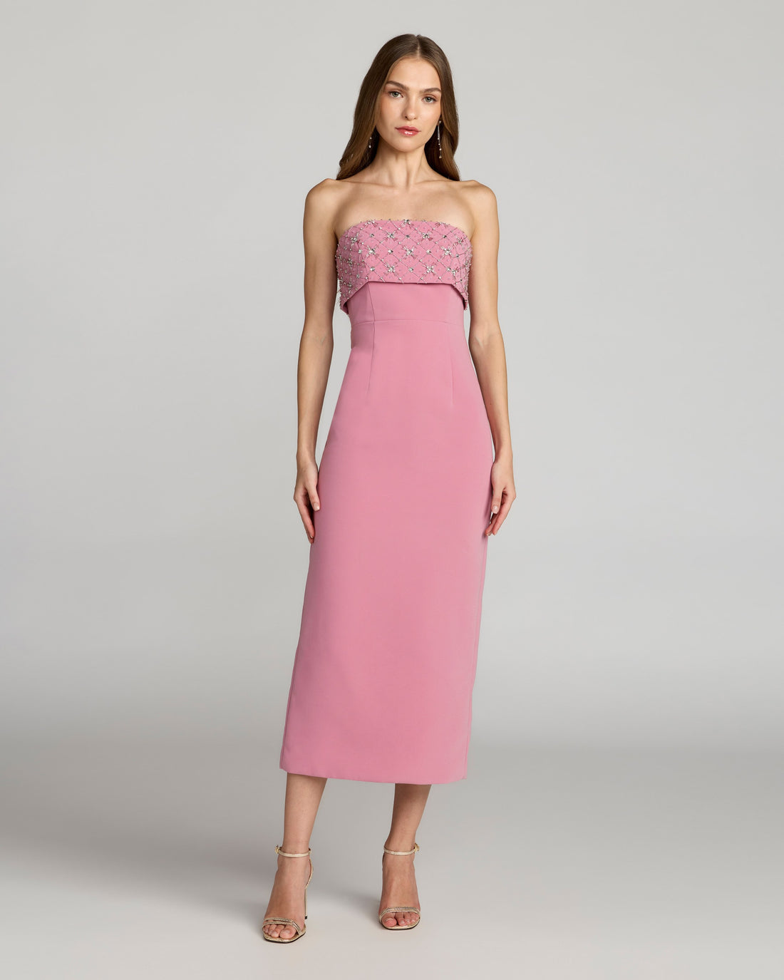 Pink Strapless Crepe Midi Dress With Rhinestone Detail Ieena for Mac Duggal 