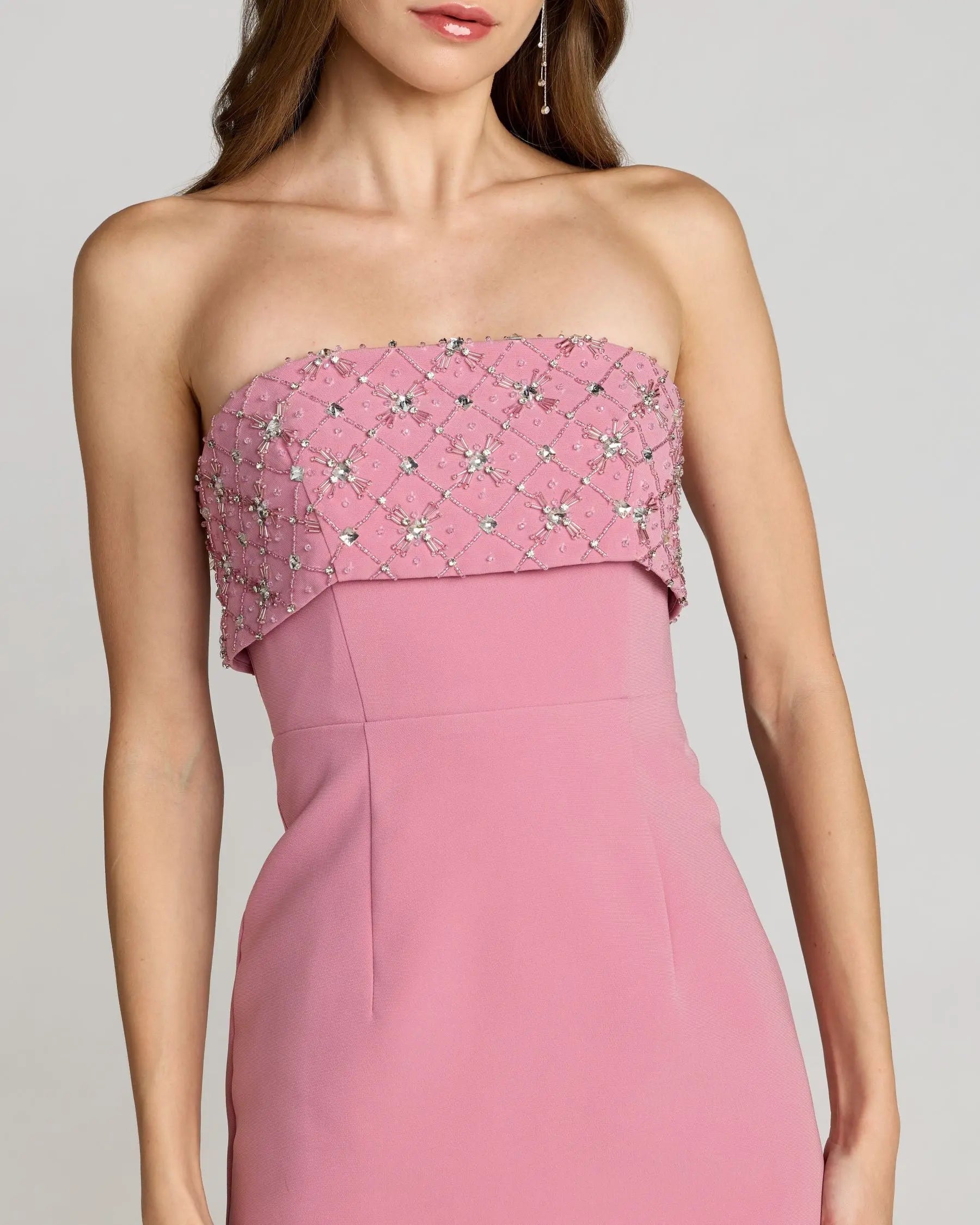 strapless crepe midi dress Mac Duggal Women's Rhinestone-Embellished Crepe Strapless Cocktail Dress - Orchid
